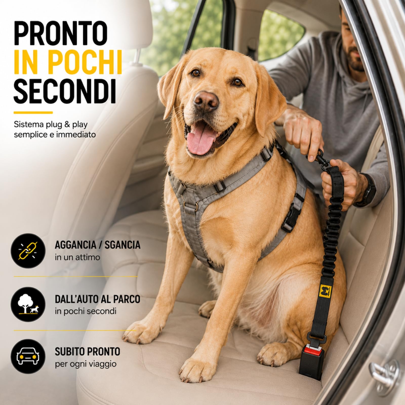 MORELOW Cintura Auto Per Cani - Cintura di Sicurezza per Cani Elastica Anti Shock che Riduce gli Strappi - Regolabile con Gancio Rinforzato - Compatibile con Tutte le Auto