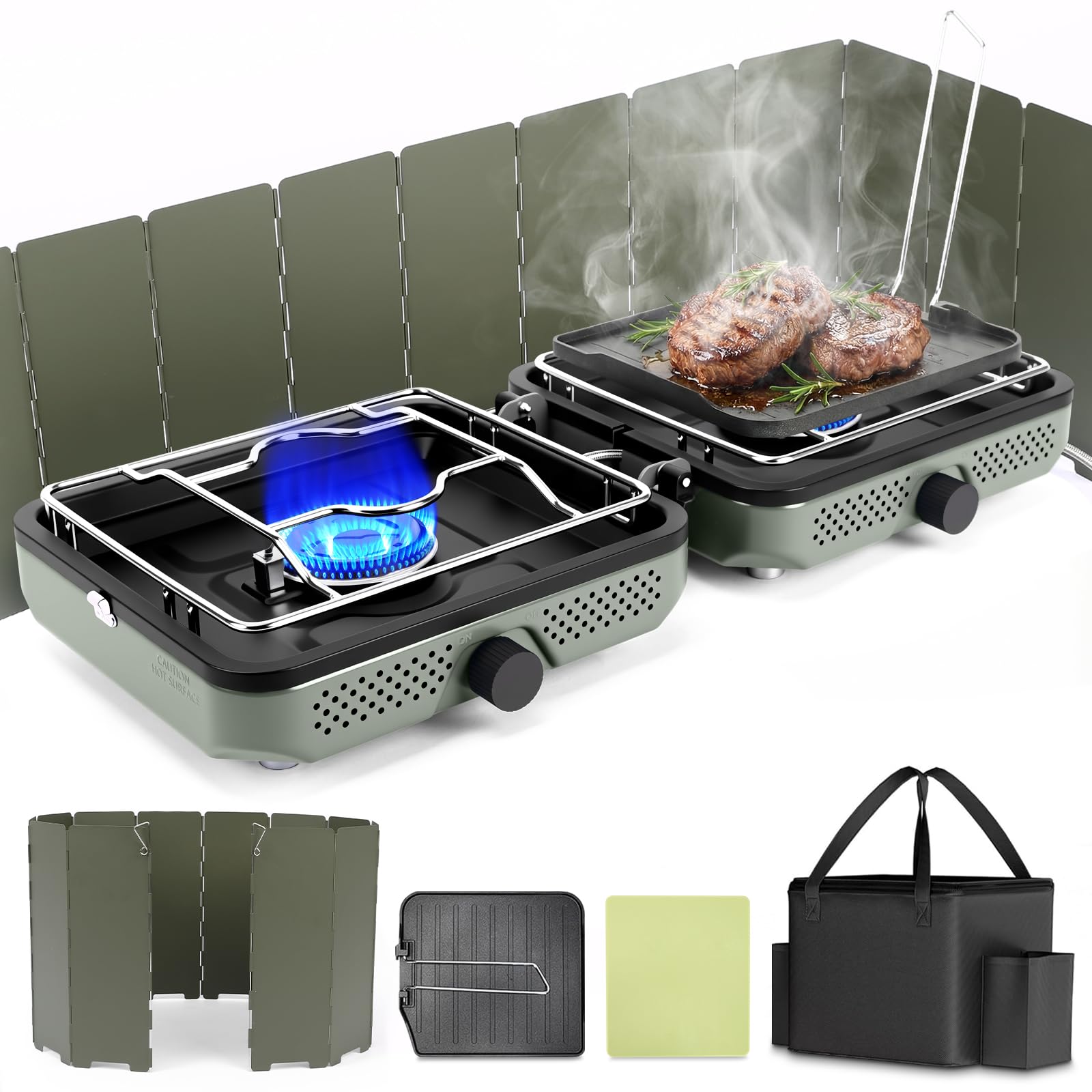 Photo 1 of Hisencn Camping Stove,2 Burner Propane Camping Stove with Windscreen,30,000 BTU Portable Propane Stove with Carry Bag,Outdoor Cooking Stove set for Camping Gear,RV Essentials,Camp Gifts for Man,Green