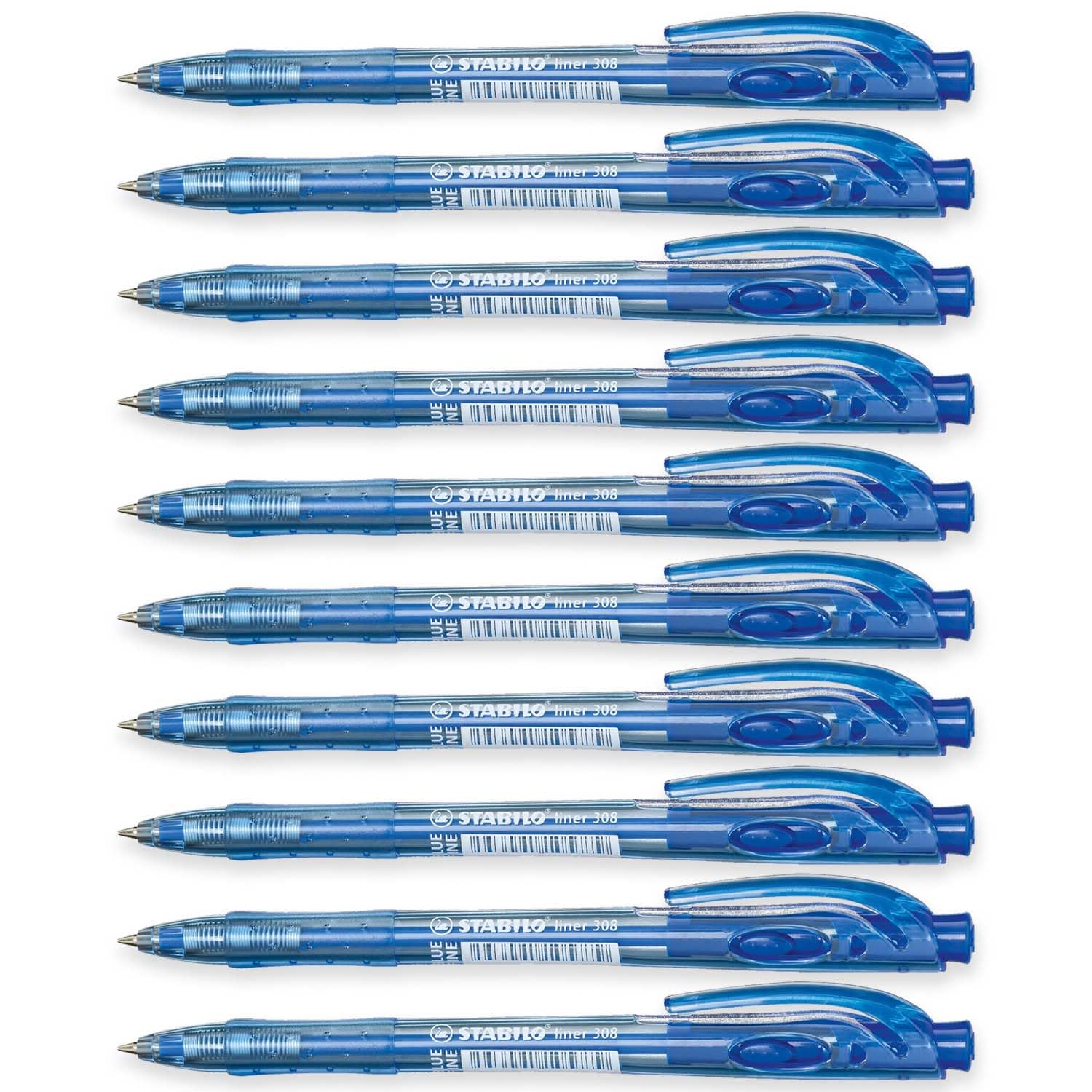 STABILO liner 308 - Retractable Ballpoint Pen - Fine 0.7mm Nib Pens - Pack of 10 (Blue), 1 count (Pack of 10)