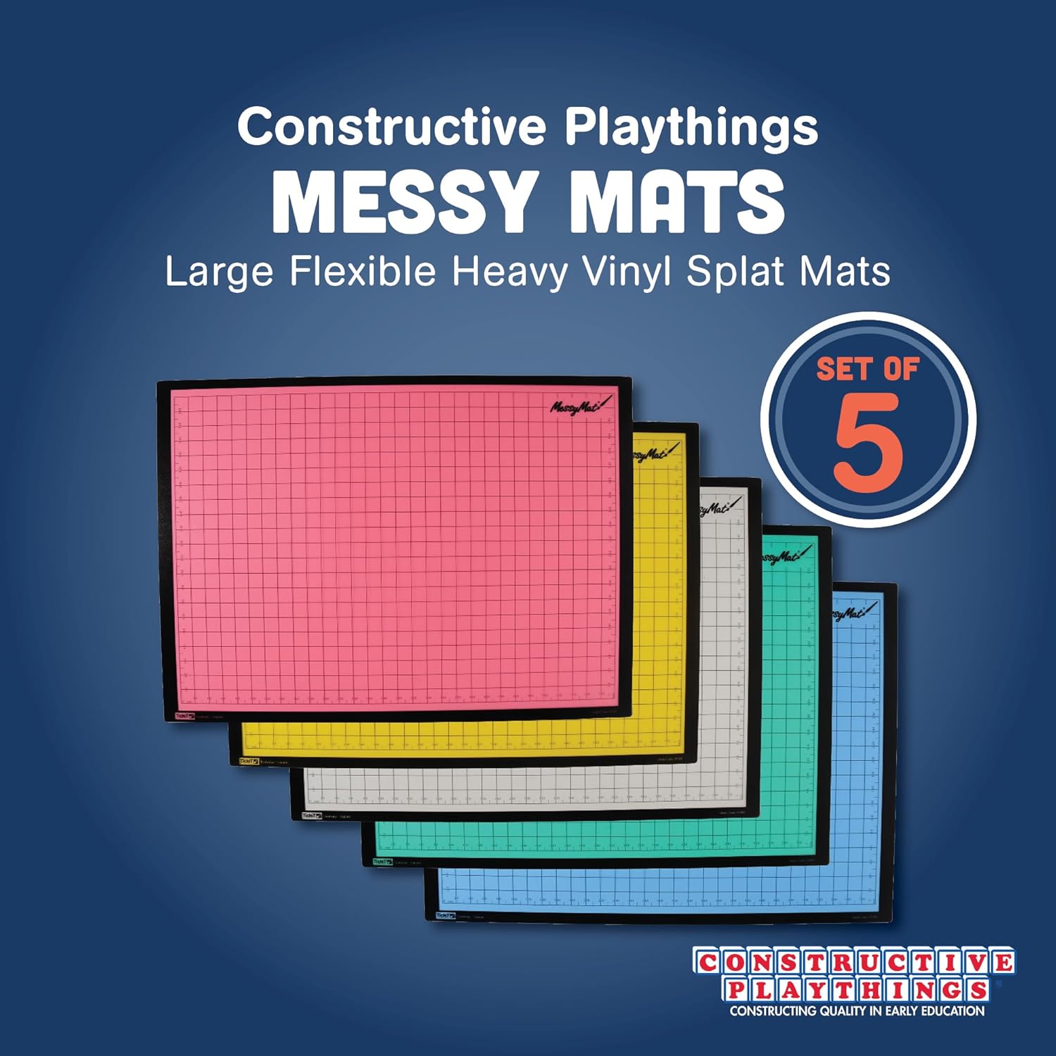 Constructive Playthings Messy Mats, Craft & Art Supplies, Classroom Must Haves, Heavy Vinyl Splat Mat, Set of 5, Large, Flexible, Use with Markers, Dough, Paint and Glue, Kindergarten - 3rd Grade