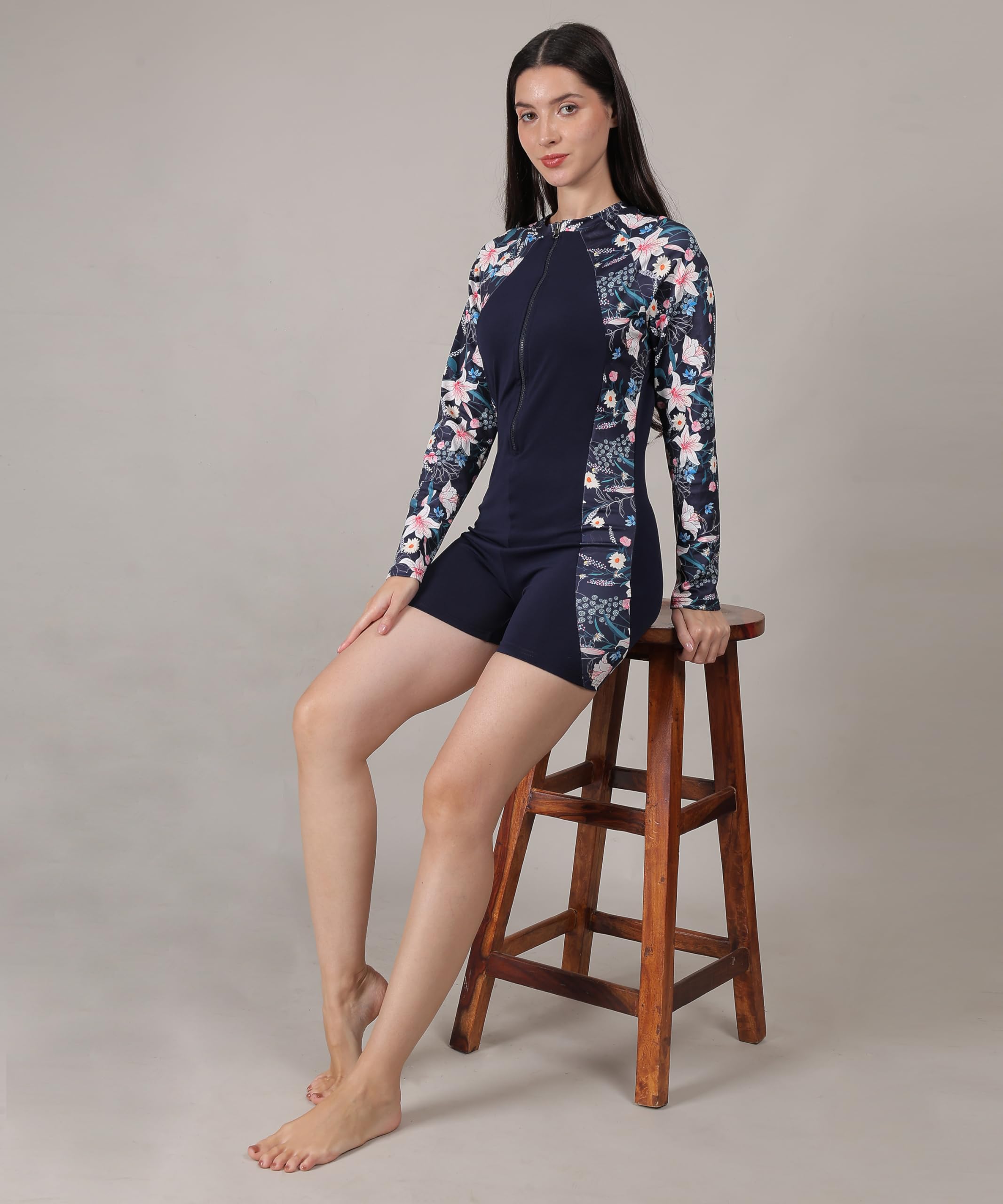 MEGASKA Long Sleeve One Piece Padded Swimming Costume Rash Guard Swimsuit Romper Surfing Swimwear Beach Swimming Suit for Women_NavyFloralNavy_L Navy 3