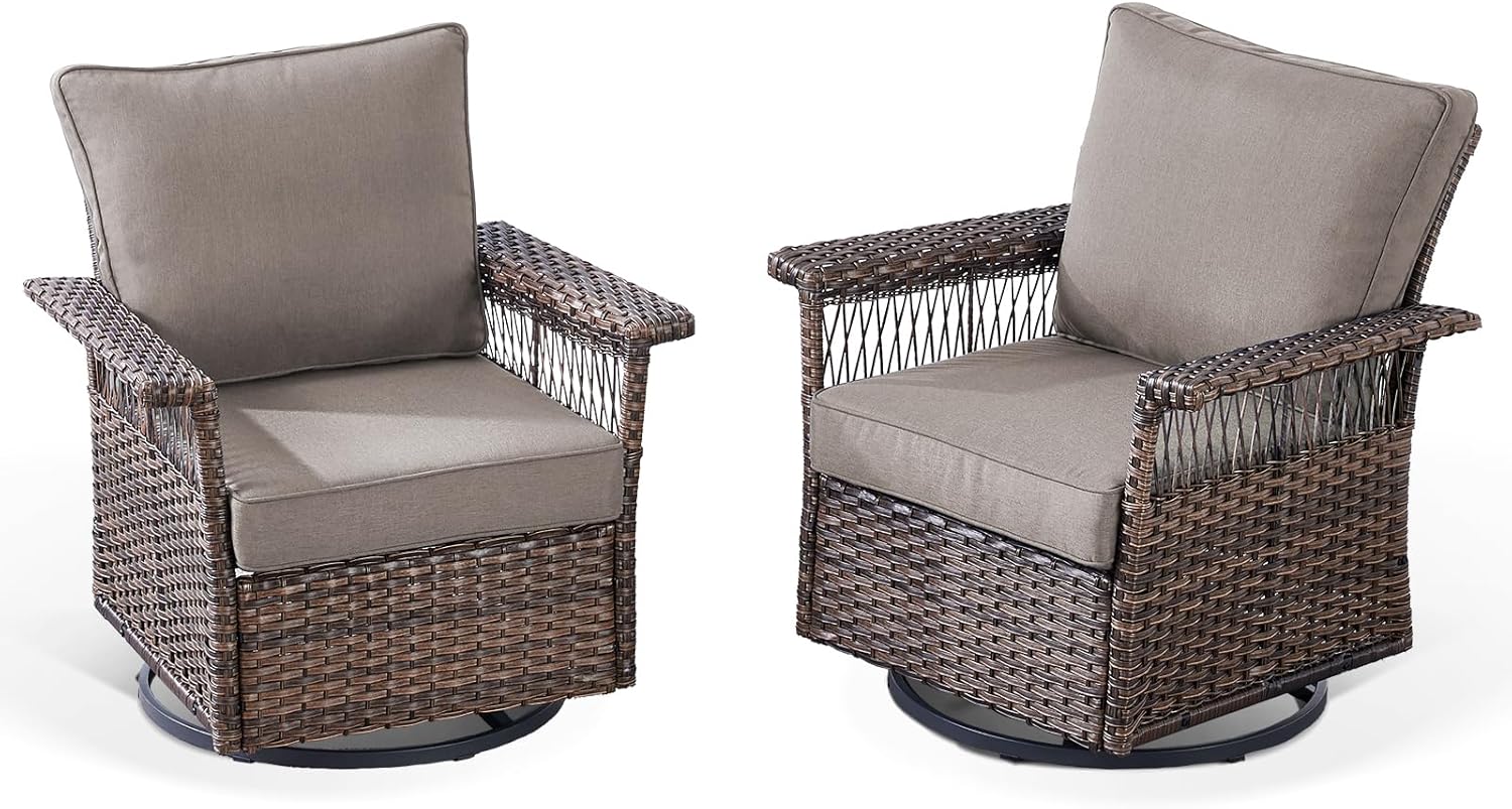 Patio Swivel Chairs Wicker PE Rattan Glider Chairs with High Back Deep Seating Chairs Set of 2 for Garden Sunroom Deck Porch Balcony Backyard, Swivel Chair(2PCS), Brown|Beige
