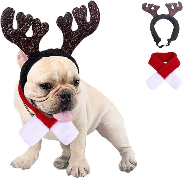 Kungfu Mall Dog Christmas Outfit Small Dog Costume Christmas Reindeer Antlers Hat & Scarf Xmas Red Costume Suit Pet Christmas Costume