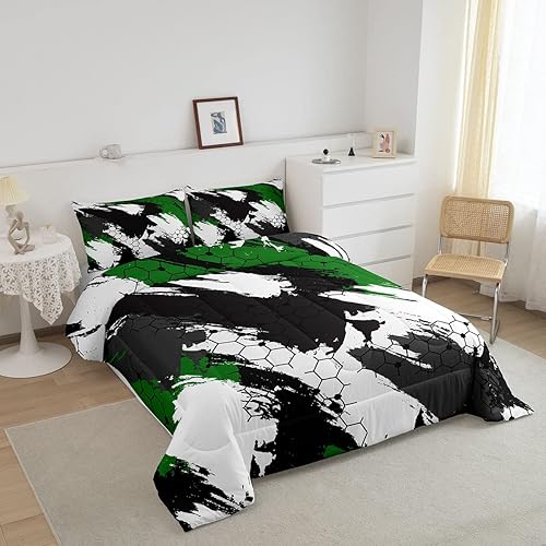 Miniatura 2 de Juego de edredón de camuflaje, juego de ropa de cama hexagonal tamaño matrimonial, color negro, verde, campaña, camuflaje, geométrico, edredón de