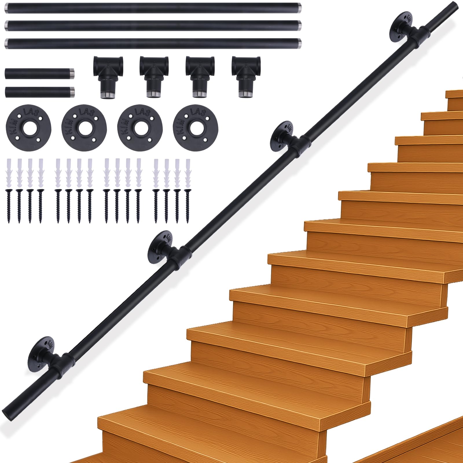 Xyxu Handrails for Stairs, 3.6M Black Banister Handrail Indoor Outdoor Hand Rails for Stairs, Non-Slip Industrial Style Grab stair Hand rails for Elderly with Wall Mounted Fittings –Smooth Welded Ends — image 1