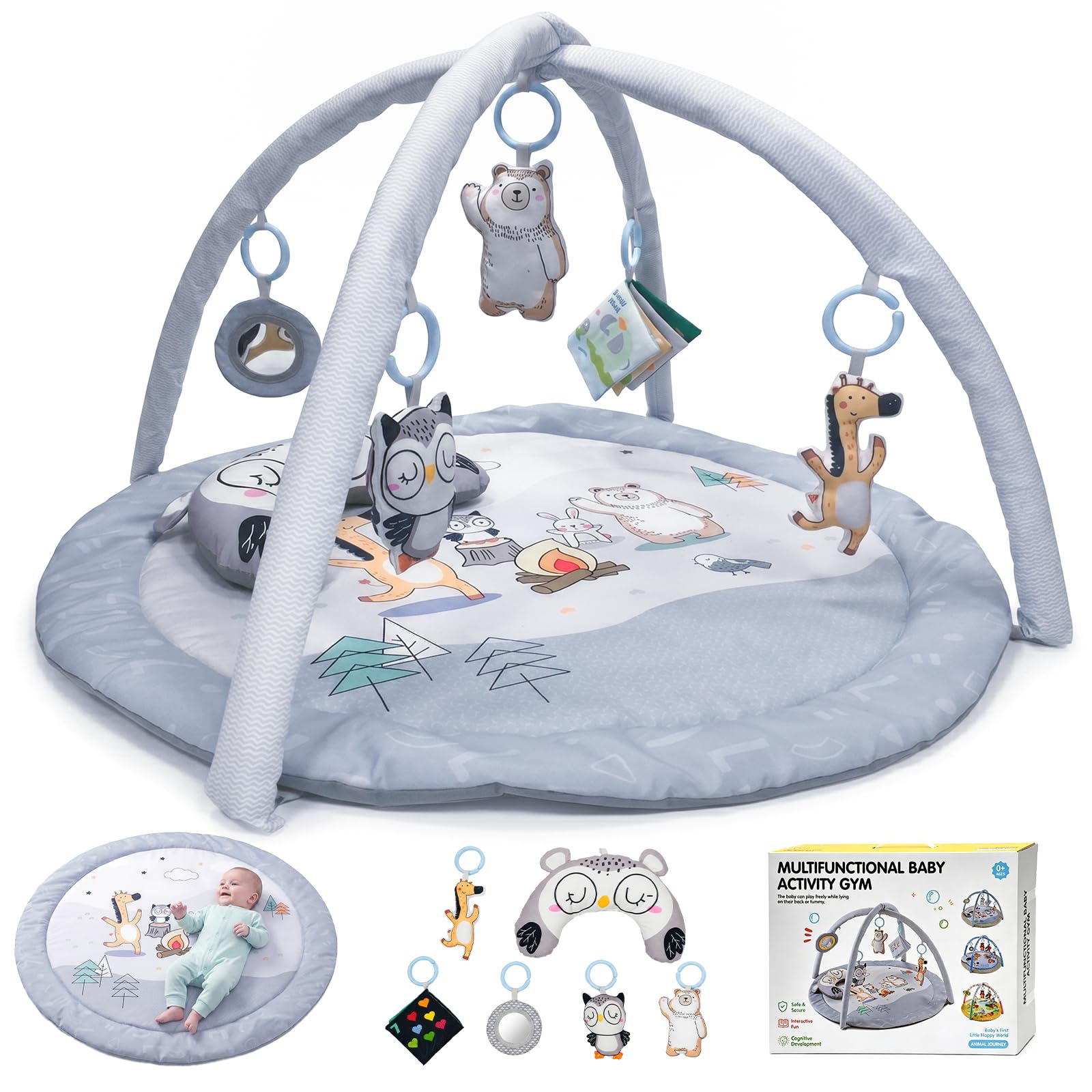 Baby Play Mat, Activity Play Gym Mat for Floor with Hanging Toys Tummy Time Pillow Baby Gym for Early Education Develop Motor & Cognition, Plush Playmat for Babies Newborn Infants Aged 0-12 Months