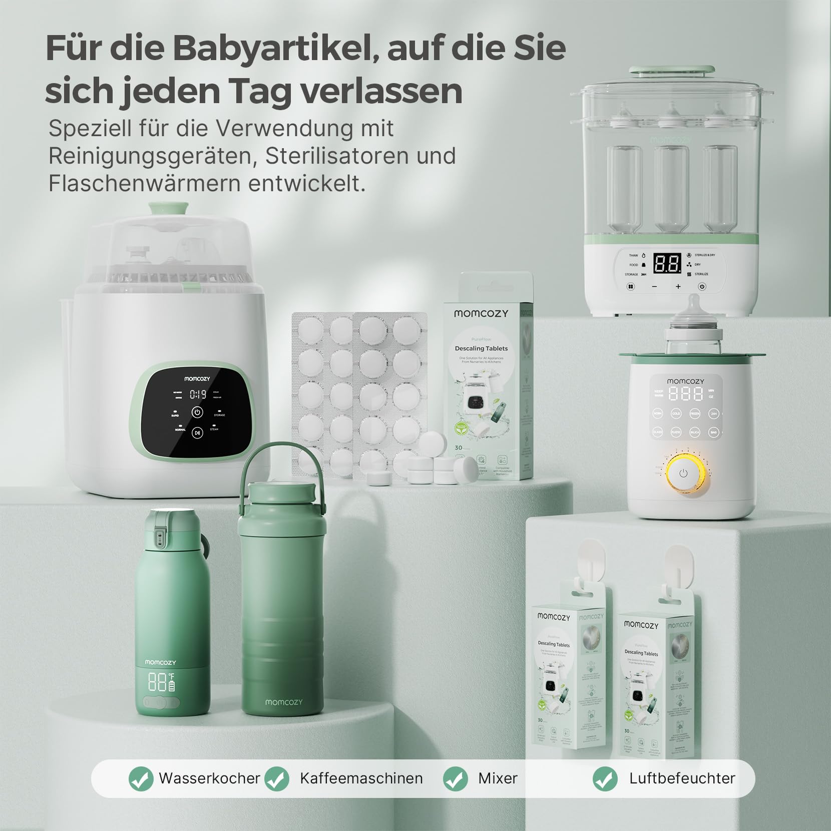 Momcozy Elektrischer Dampfsterilisator & Trockner für Babyflaschen – Platzsparend, 6 Flaschen Kapazität & Entkalkungstab für Babyproduct wie Milchpumpem, Flaschenwärmer, Bottle washer, Sterilisator fü