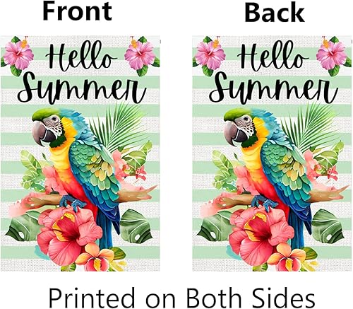 Miniatura 2 de Bandera de jardín de verano con loro de 12 x 18 pulgadas, bandera de doble cara con texto en inglés "Guacamayo Says Hello Summer", bandera de patio