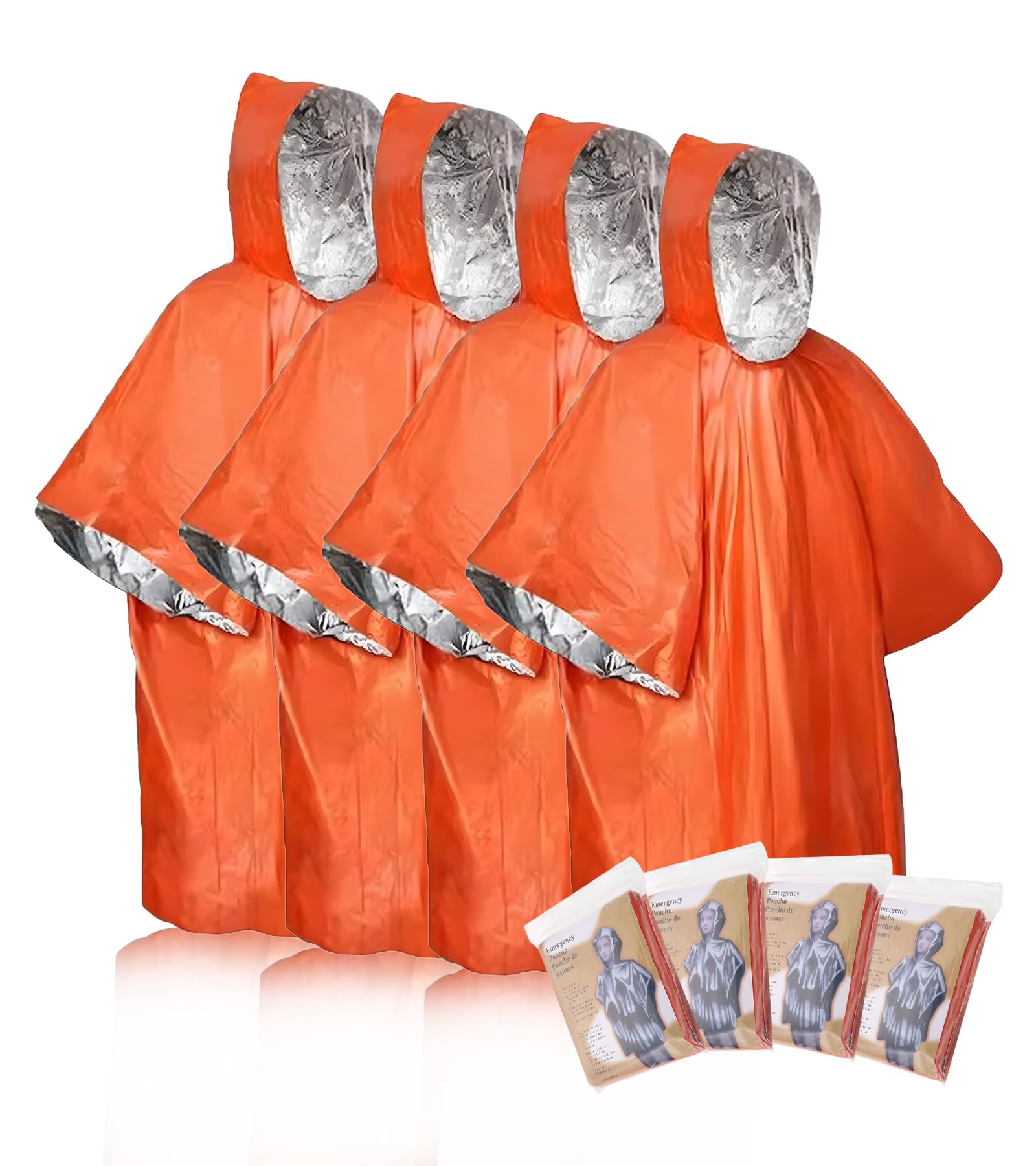 Bowarepro Orange 4 Pack Emergency Ponchos With Thickened Mylar Blanket Lining, Thermal Foil Coating Blanket For Heat Retention, Reversible Survival Rain Poncho With Hood For Family Camping Hiking