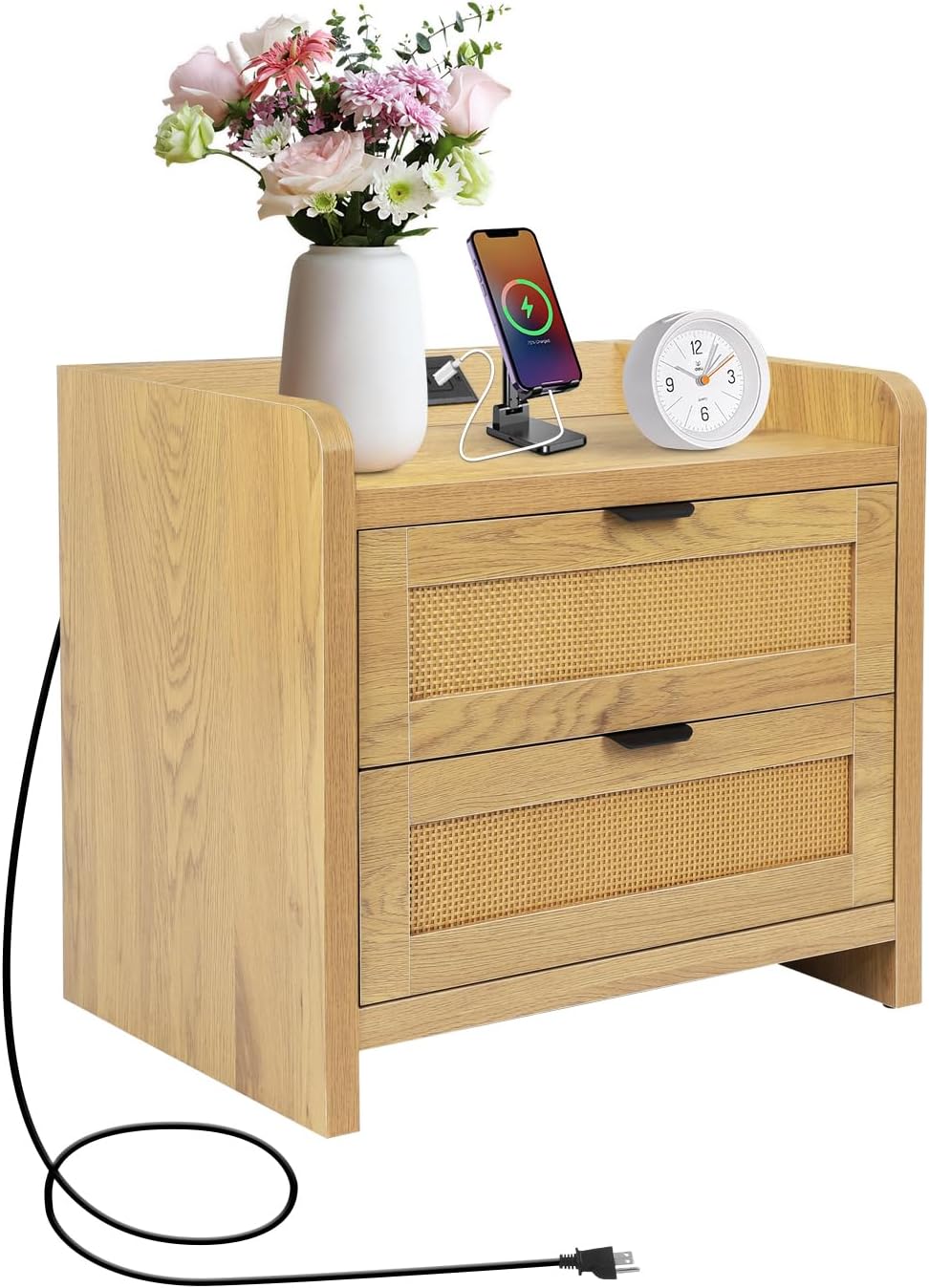 Rattan Nightstand with Type-C Charging Station, Farmhouse Bedside Table with 2 Rattan Drawers, Boho Bed Side End Table for Bedroom Living Room (Natural Oak)