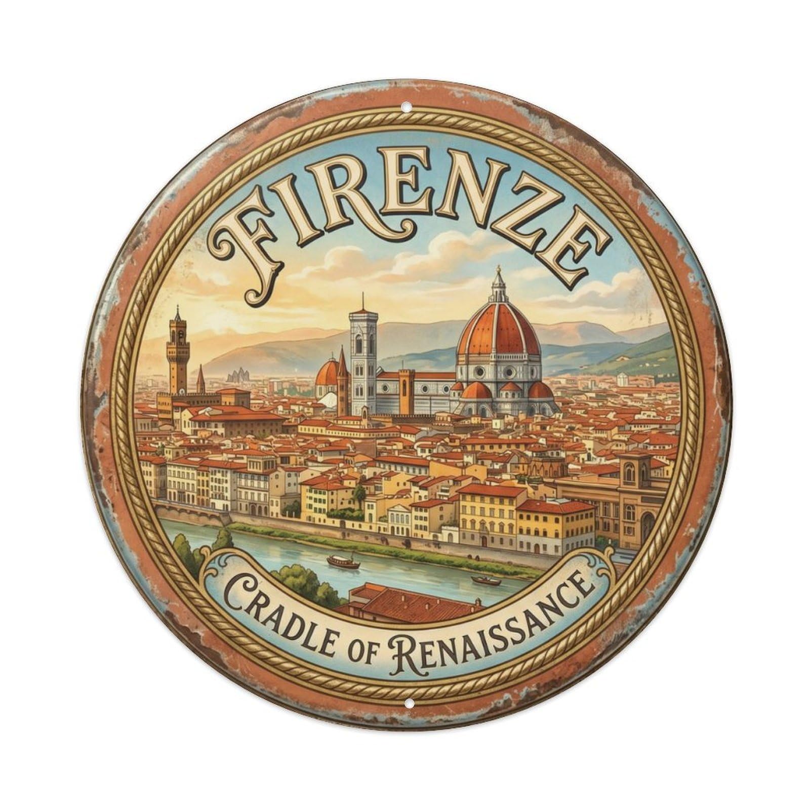 Vintage Travel Florence Duomo Cathedral Metal Tin Sign Plaque Wall Decor for Cafe, Club, Garden Round Metal Poster 8x8Inch