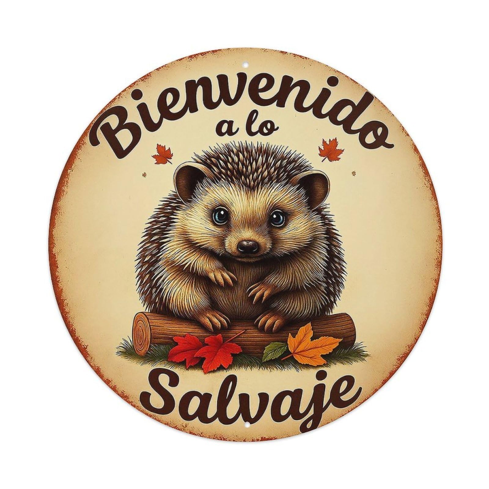 Cute Hedgehog On Log Autumn Leaves Tin Sign Metal Poster Vintage Metal Signs for Home Man Cave Bar Cafe Kitchen laundry room Wall Decorations 8x8 inches