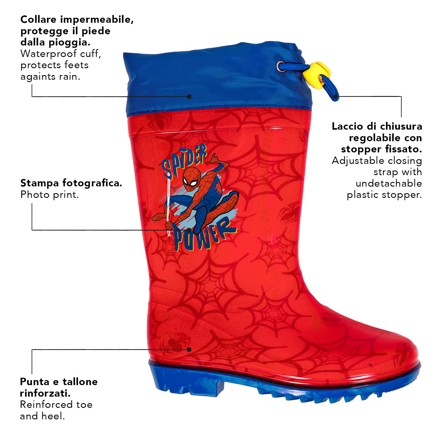 PERLETTI Marvel Spider Man Regenstiefel für Kinder - Spiderman Wasserdichte Stiefel Rot mit Rutschfeste Sohle