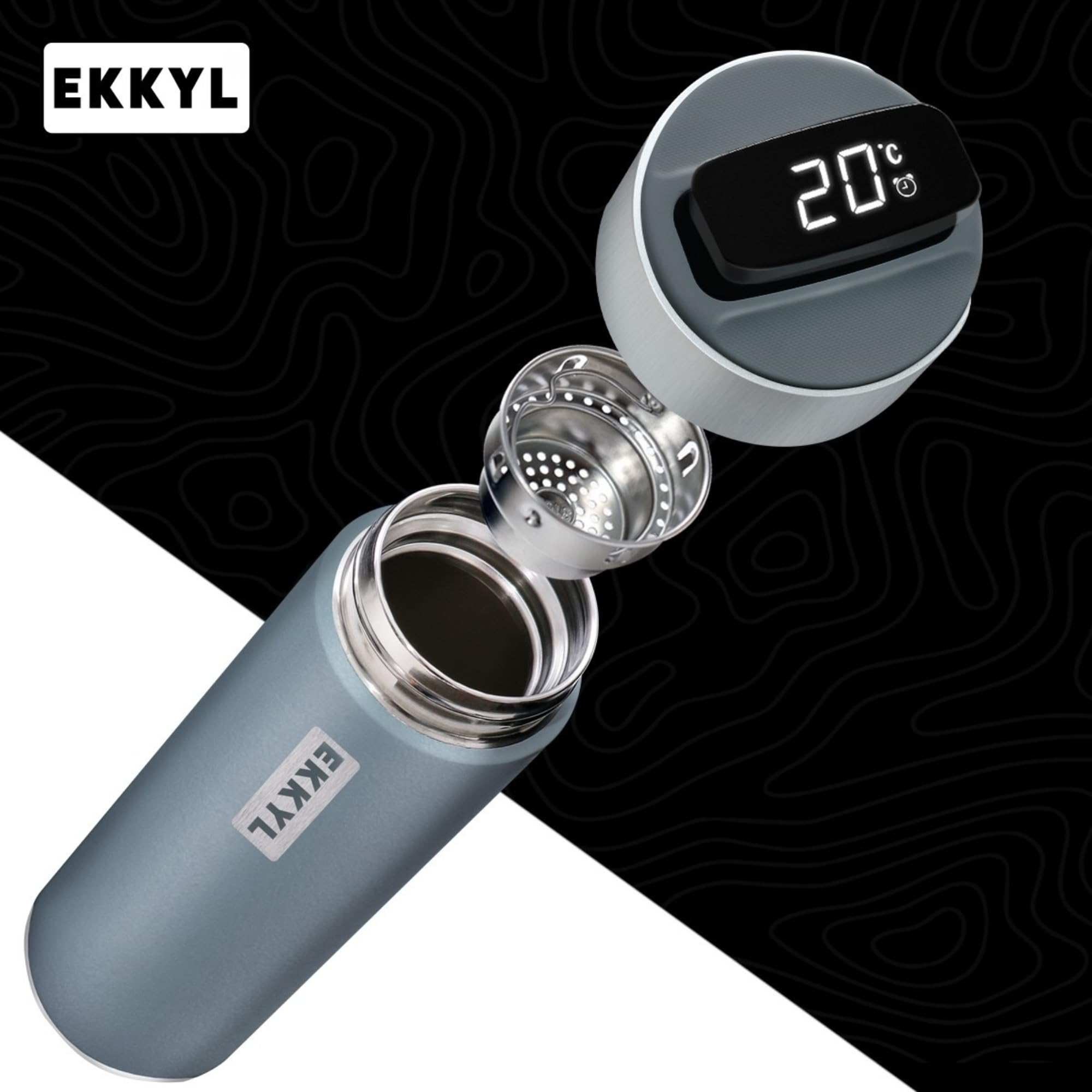 EKKYL Smart Watter Bottle Medical Grade Stainless Steel Sus 316L - Double Walled & Vacuum Insulated - Leak Proof & BPA free - Ideal for Hot Drinks, Soup, Coffee, Hot Chocolate, Tea. (Black)
