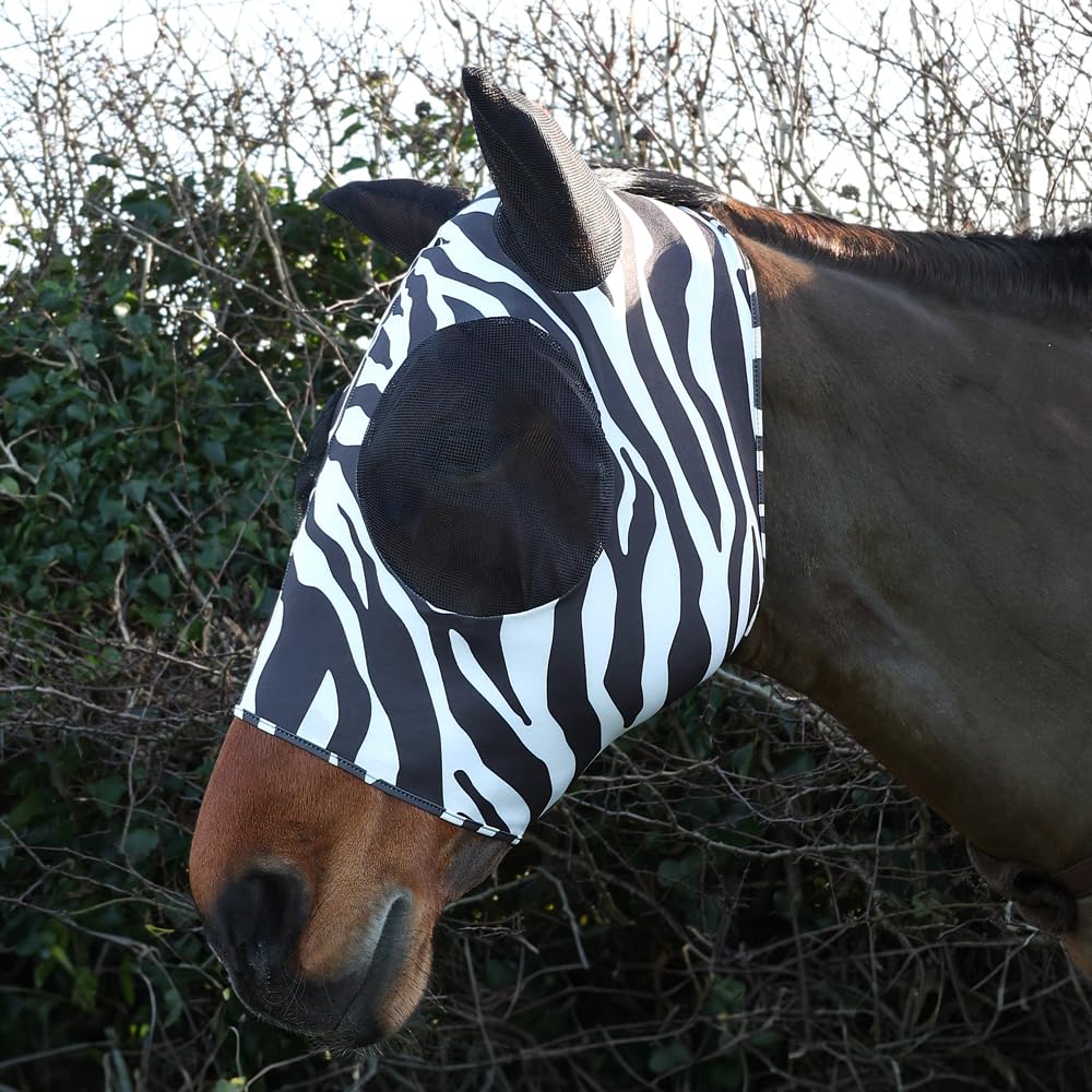 HY EQUESTRIAN Stretch Zebra Print Fly Mask, Black/White (Full)