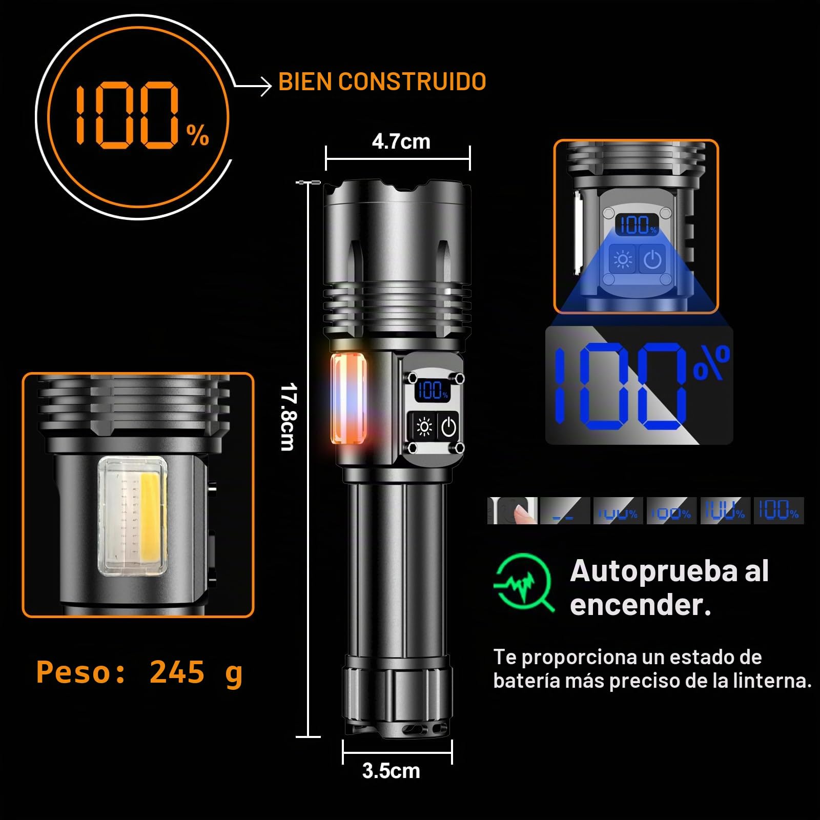 Relybo Linternas Led Alta Potencia, 1000000 Lúmenes Linterna Led Recargable, 2 Interruptores & 9 Modos & Luz Lateral Cob, Linterna Potente Tactica Militar, Linternas Potentes Para Emergencia Camping