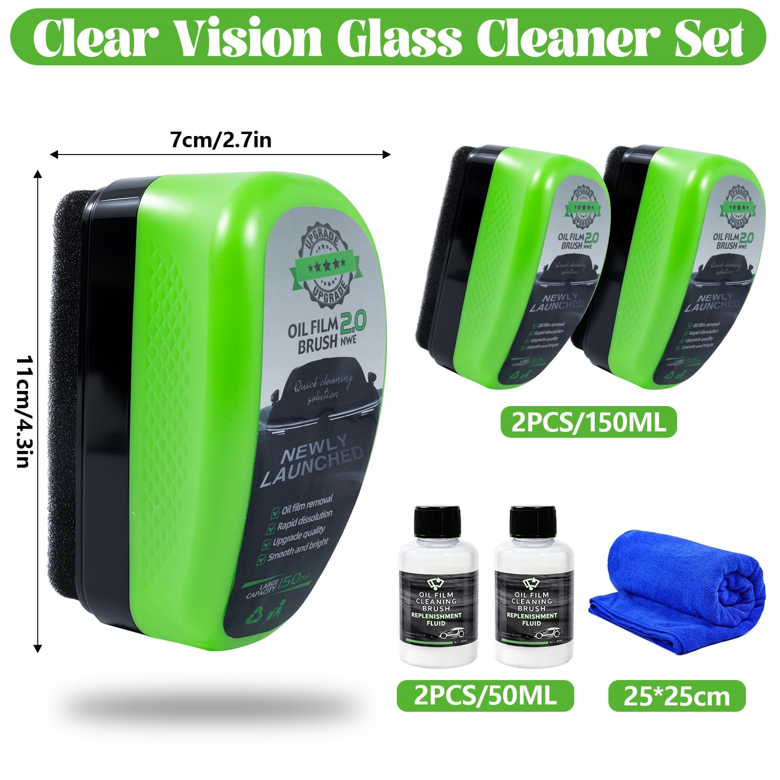 Zestaw 2 szt. Clear Vision Glass Cleaner, 2026 Upgrade Clearvision Car Windshield, Oil Film Brush 2.0, Automotive Oil Film Cleaning Brush, środek do czyszczenia szyb samochodowych, zapobiega