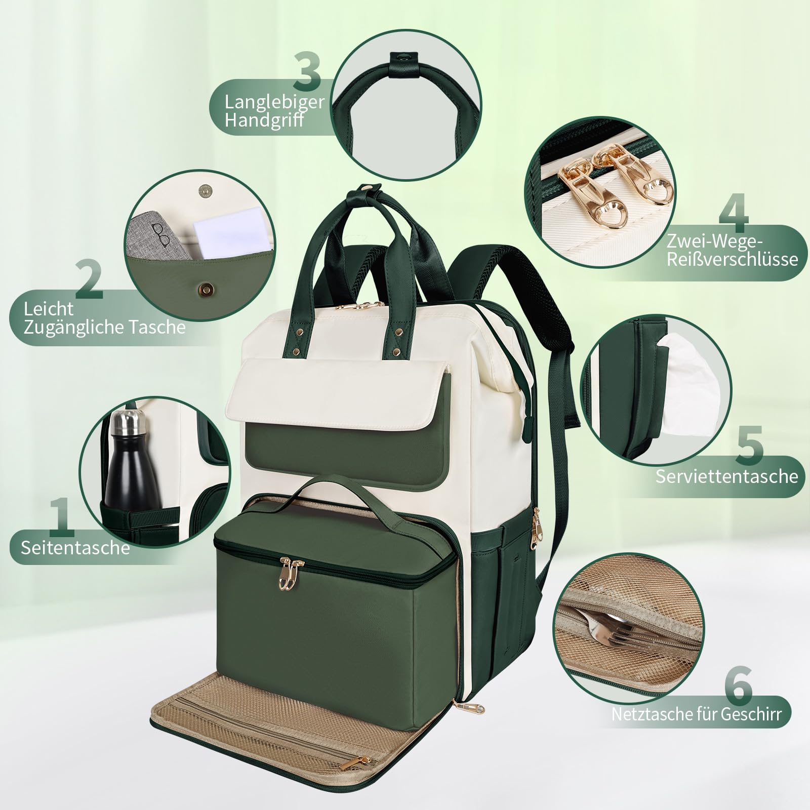 BERTASCHE Sac à dos pour ordinateur portable 17,3" avec sac isotherme 2 en 1 pour femme/travail/affaires/voyage/enseignant/école/université, vert/beige