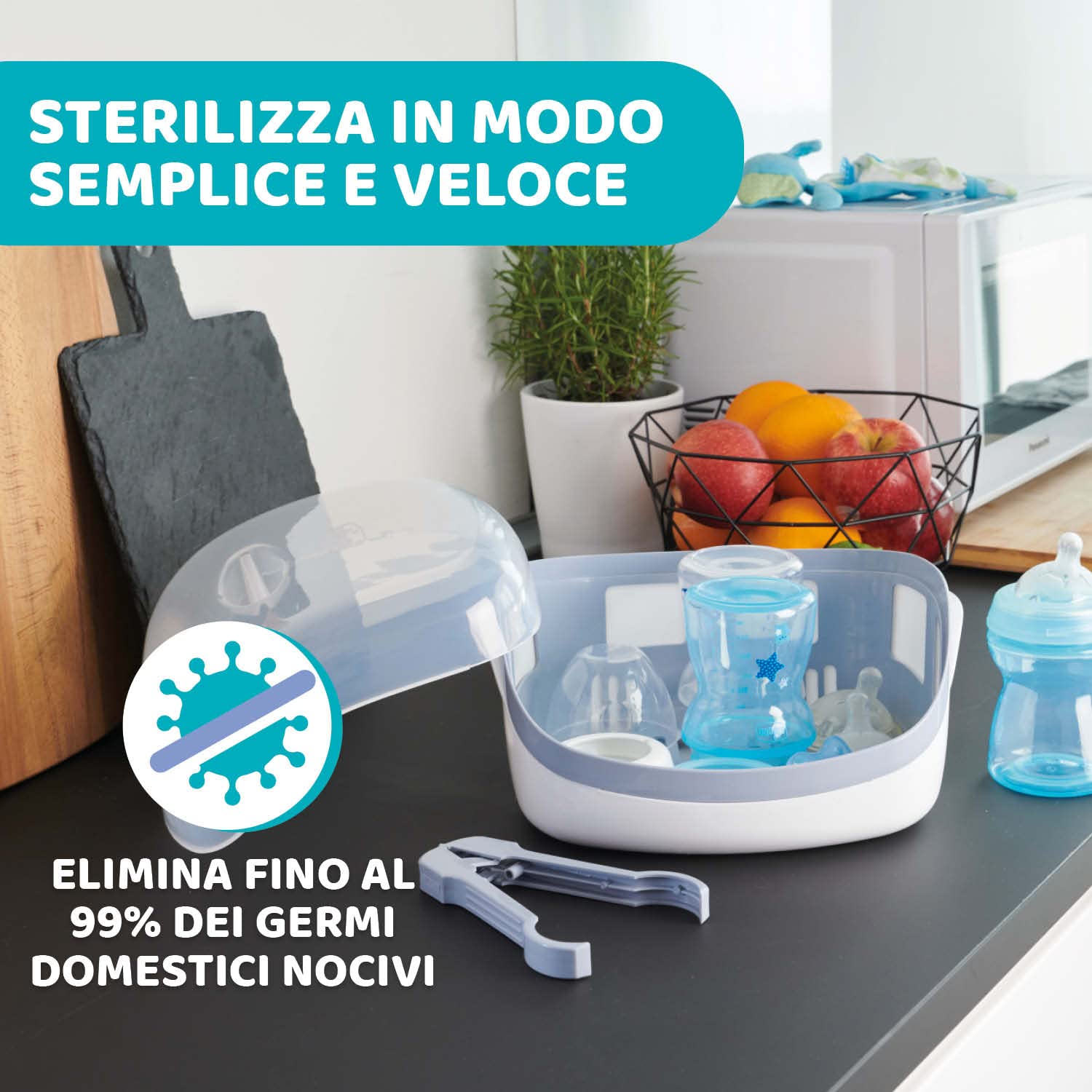 Chicco Sterilizzatore Biberon Microonde, Sterilizza in Modo Semplice e Veloce, Contiene fino a 5 Biberon, Adatto anche per Ciucci, Leggero e Compatto, Ideale da portare in Viaggio, Facile da Pulire