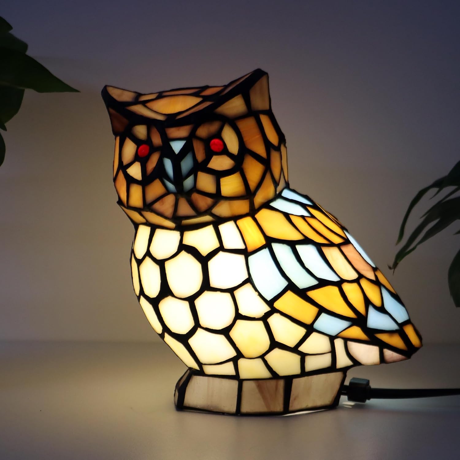 Tiffany Owl Lamp Yellow and White Stained Glass Animal Table Lamp Accent Lamp