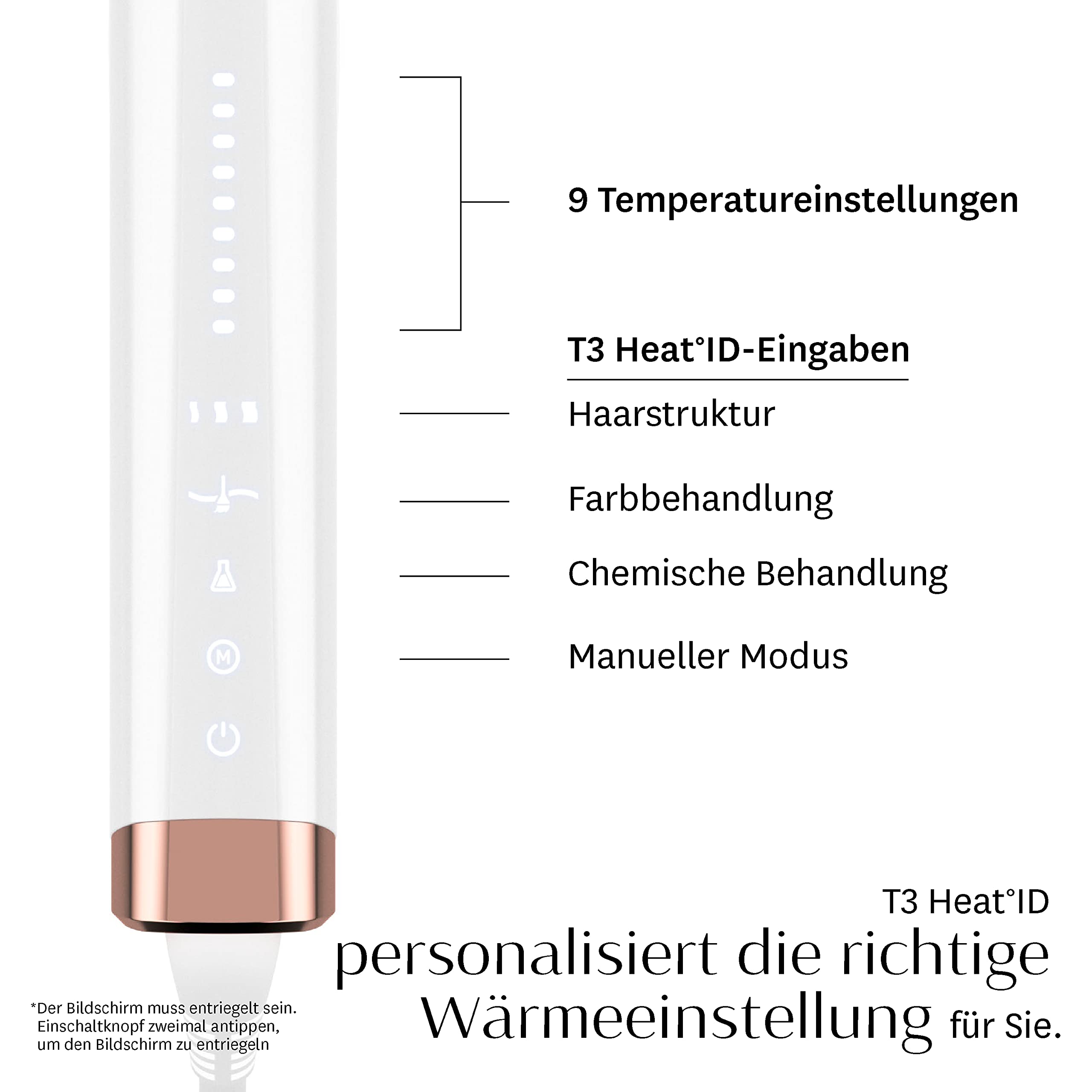T3 Curl ID 32 mm Digitaler Keramik Lockenstab mit Smart Touch Bedienung & interaktiver HeatID Technologie für automatische Personalisierung der Temperatureinstellung, geschmeidig glänzende Locken