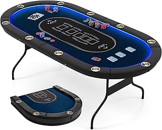 Goplus 84" Foldable Poker Table with LED Lights, 10 Players Card Board Game Table w/Casino Grade Felt, Steel Cup Holder, Padded Rails, for Texas Hold'em, Blackjack, No Assembly Required (Blue)
