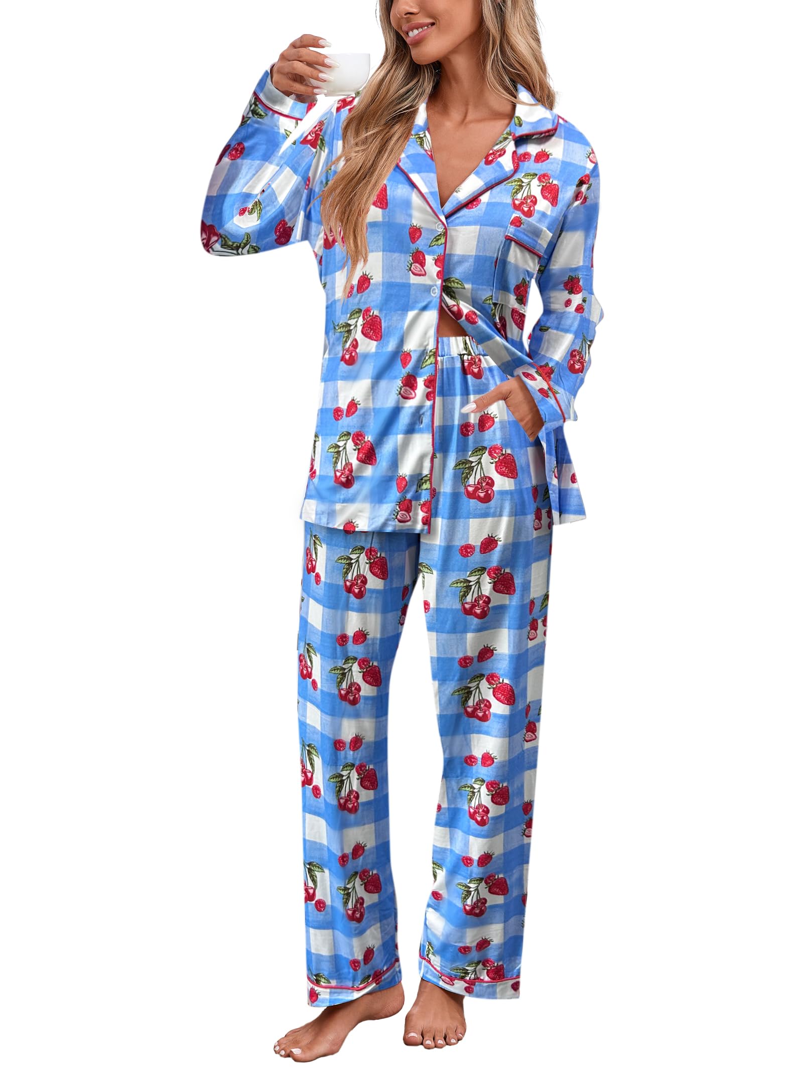 Famulily Damen weiche Bequeme Pyjama Sets 2 Stück Frauen Shirt Top Lange Hose mit Taschen gedruckt Knopf unten Schlafbekleidung Loungewear