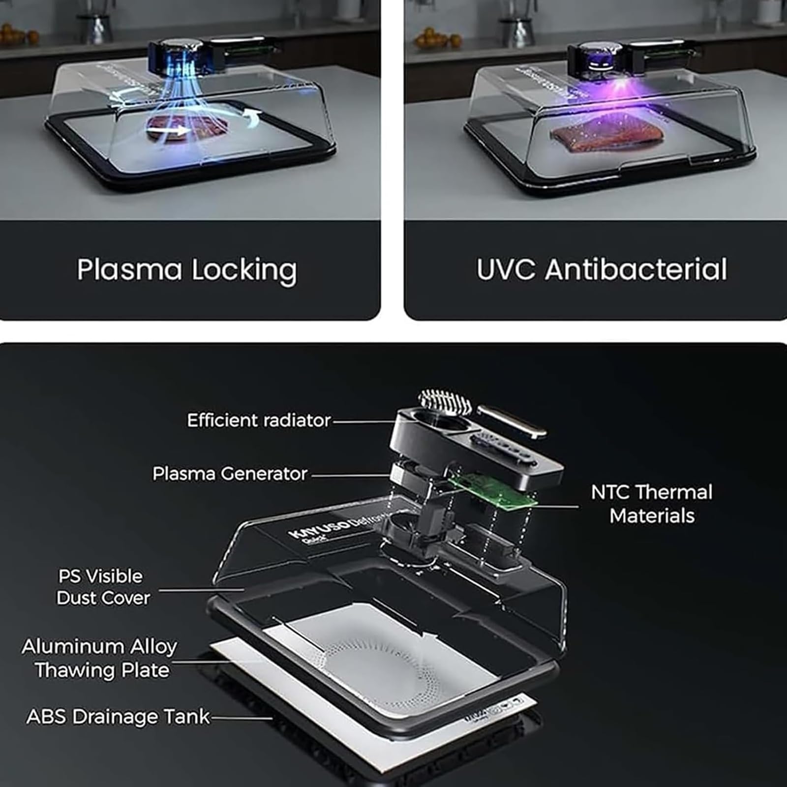 Scatola elettrica per scongelamento degli alimenti, vassoio per scongelamento della carne congelata da 4,2 l, con coperchio, scongelamento rapido in 10 minuti, chiusura fresca e tecnologia del flusso