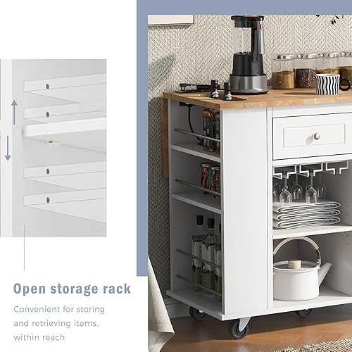 Miniatura 6 de Carrito de cocina con toma de corriente, isla de almacenamiento de cocina con hoja de madera de goma, almacenamiento abierto y estante para vino, 5