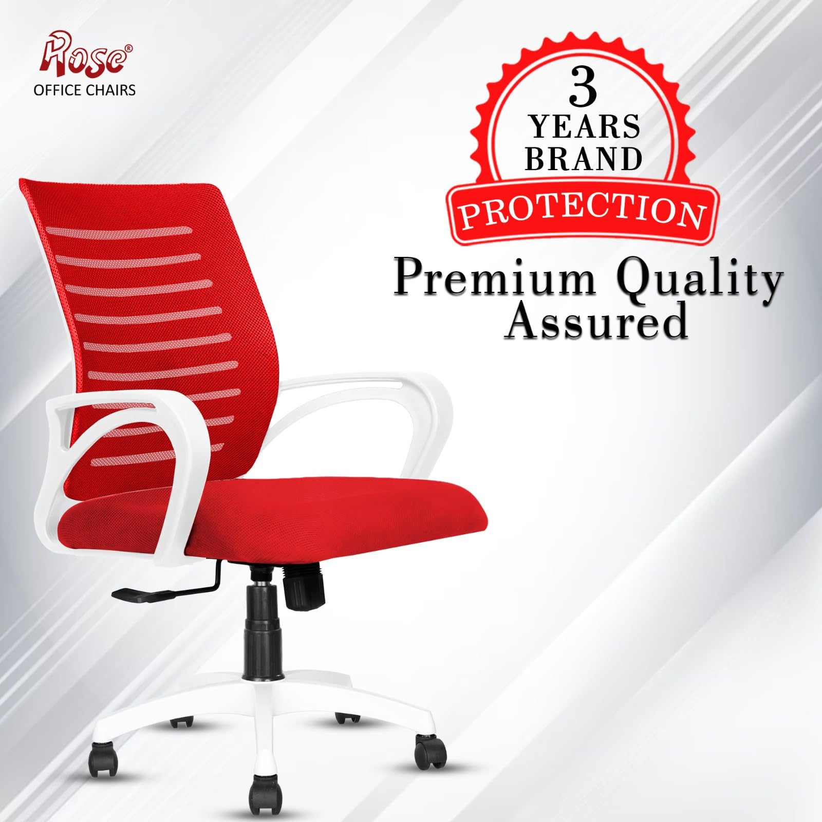 ROSE® Elite | 3 Years Brand Warranty | Ergonomic Office Chair, Study, WFH, Revolving, Rolling, Desk, Task, Laptop, Student Chair (White & Red, Elite Pro MB) 1