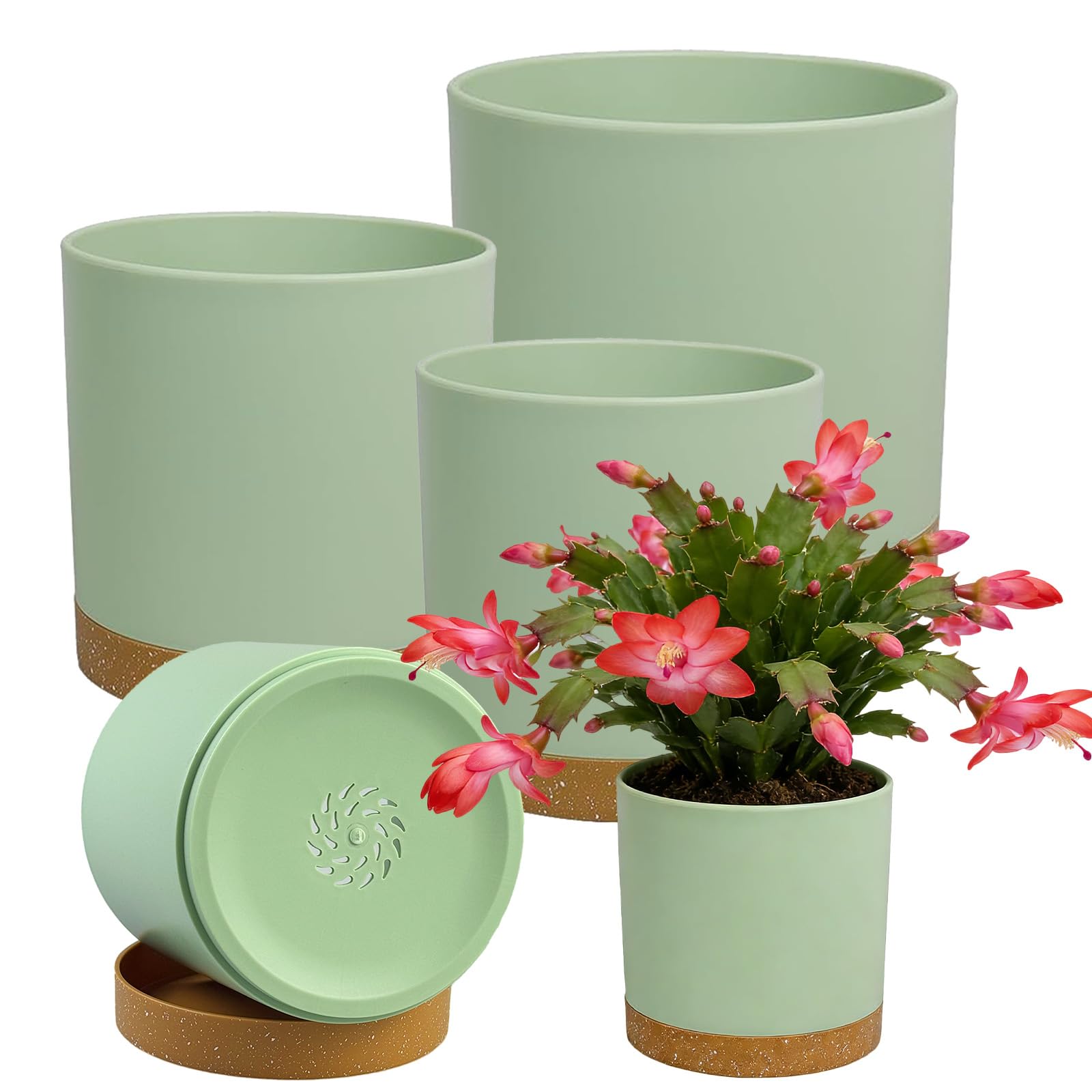 TEYIAN 5 Pack Plastic Plant Pots Indoor Outdoor 5 Sizes Flower Pot with Drainage Holes and Tray Modern Decorative Planter Pot for All House Plants, 17.8/16.5/15.2/12.7/10CM