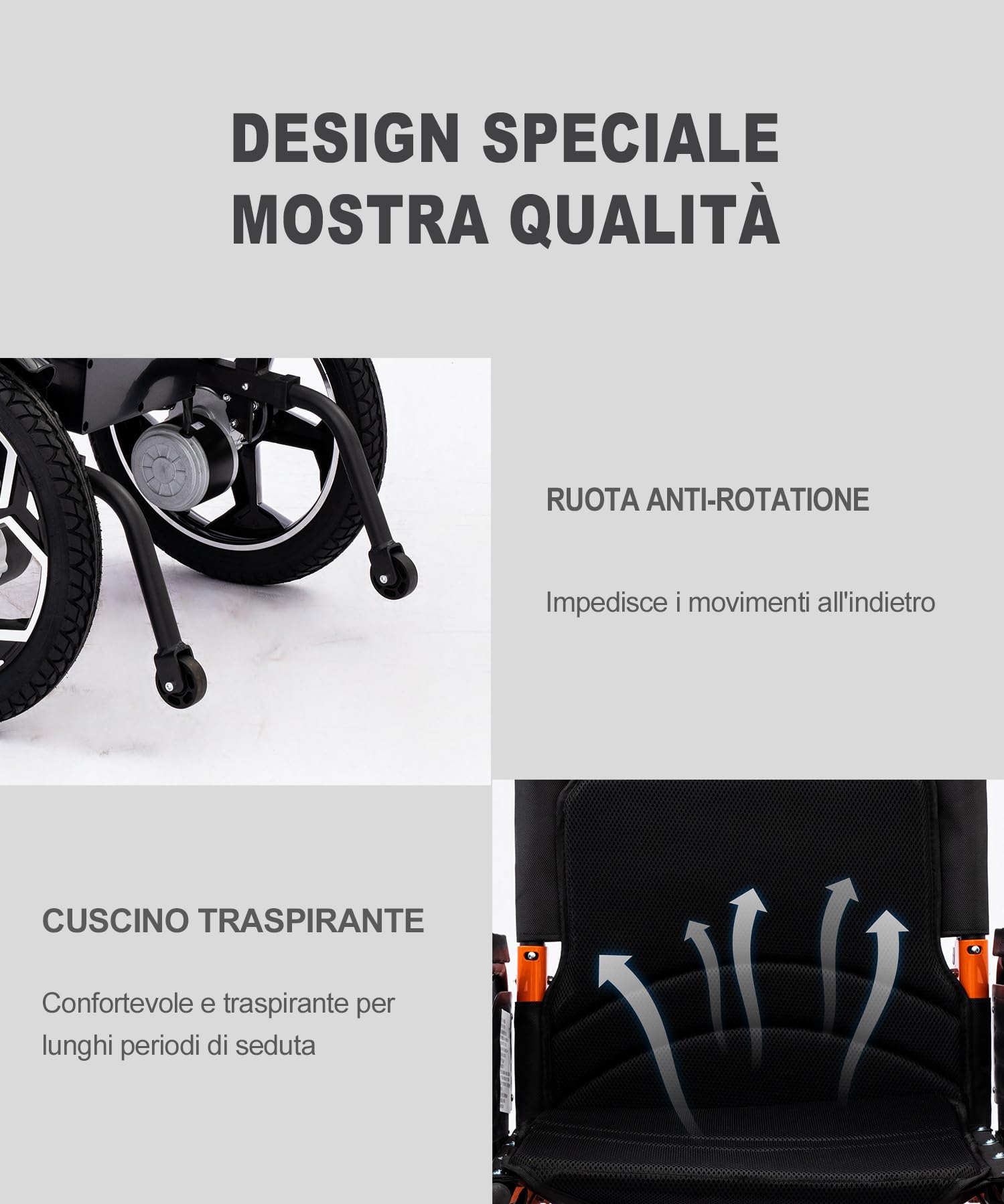 D09 sedia a rotelle elettrica pieghevole, seduta ampia per persone robuste, con 42cm pneumatici fuoristrada, un'autonomia 30Km, batteria 20Ah, portata 150kg, ideale per viaggi e uso quotidiano