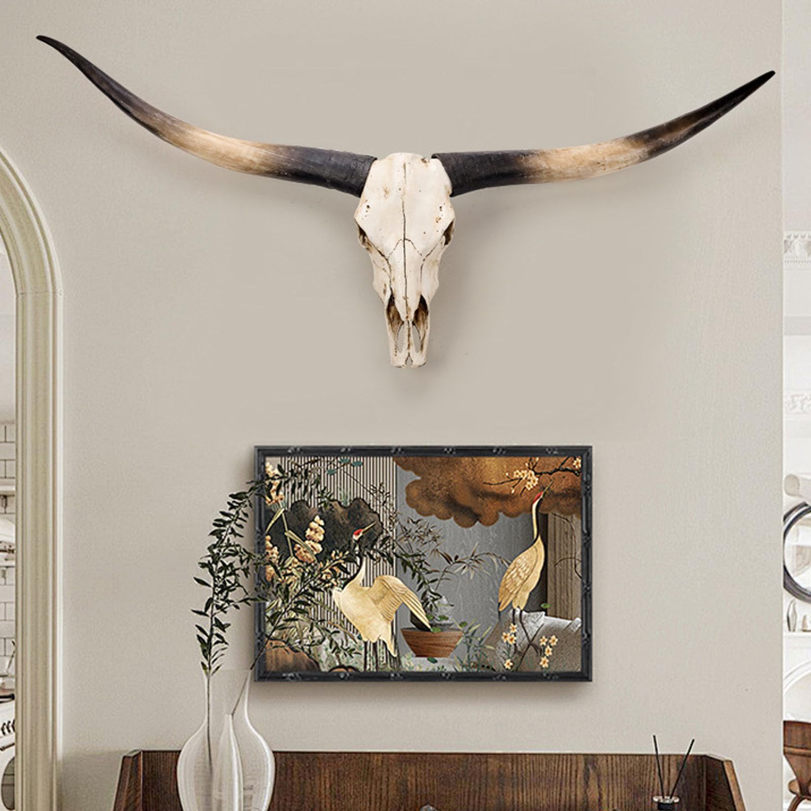 XUHCLY 70" Longhorn Cow Skull Wall Decor,Wall Mounted Hanging Animal Head,Modern Rustic Farmhouse Sculpture Extra Large Resin Faux Bull Horns for Living Room Hallway (Size:178x16x70cm,Color:A-black)