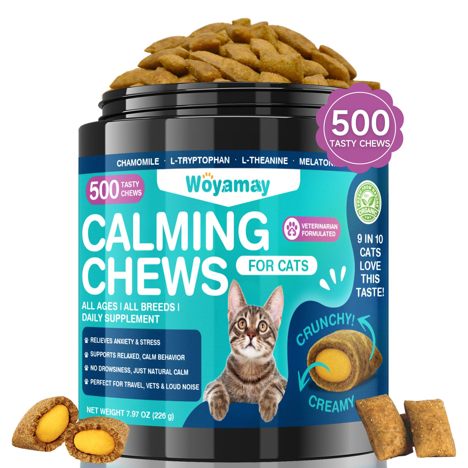 Woyamay Calming Cat Treats, 500 Crunchy & Creamy Cat Calming Treats