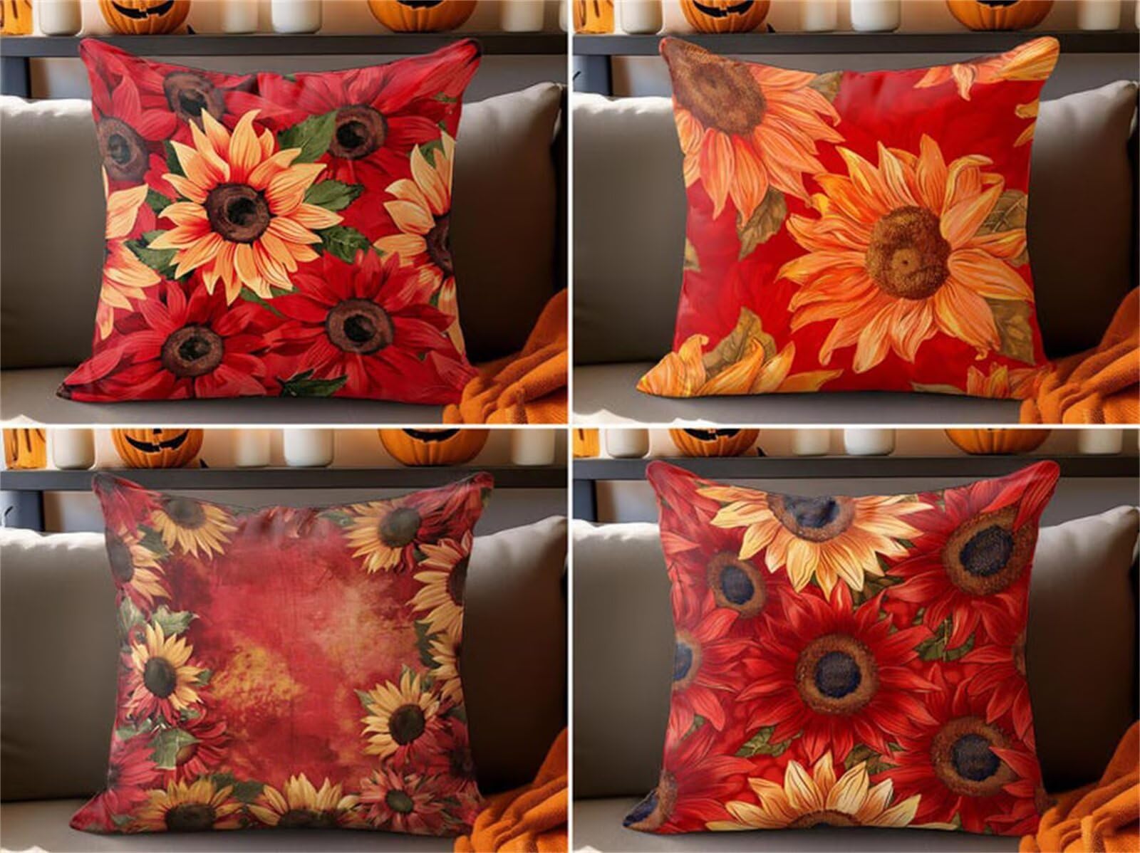 Heaen Outdoor Cushions Covers Waterproof 55x55 cm Set of 4 Square Linen Pillow Cases Red Sunflowers Decorative Dushions for Sofa Porch Patio Home Decor