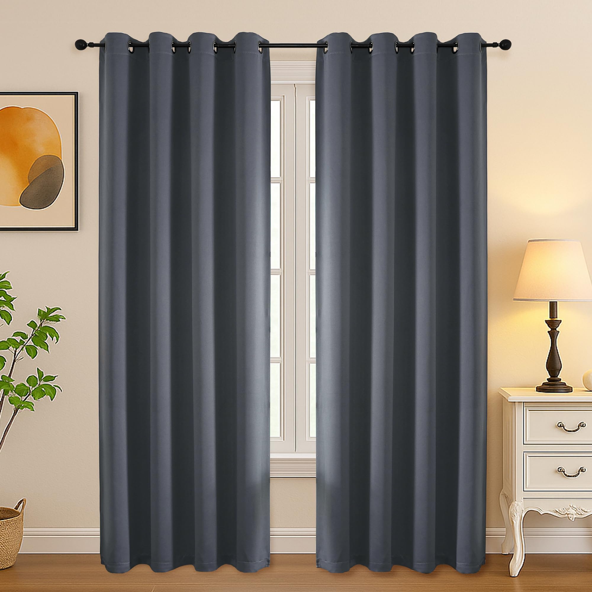 Simplebrand Grey Curtains for Bedroom Living Room 72 Inches Long 2 Panels Set, Room Darkening Thermal Insulated Curtains &amp; Drapes, Solid Grommet Noise Reducing Window Treatment, W50 x L72 Inch