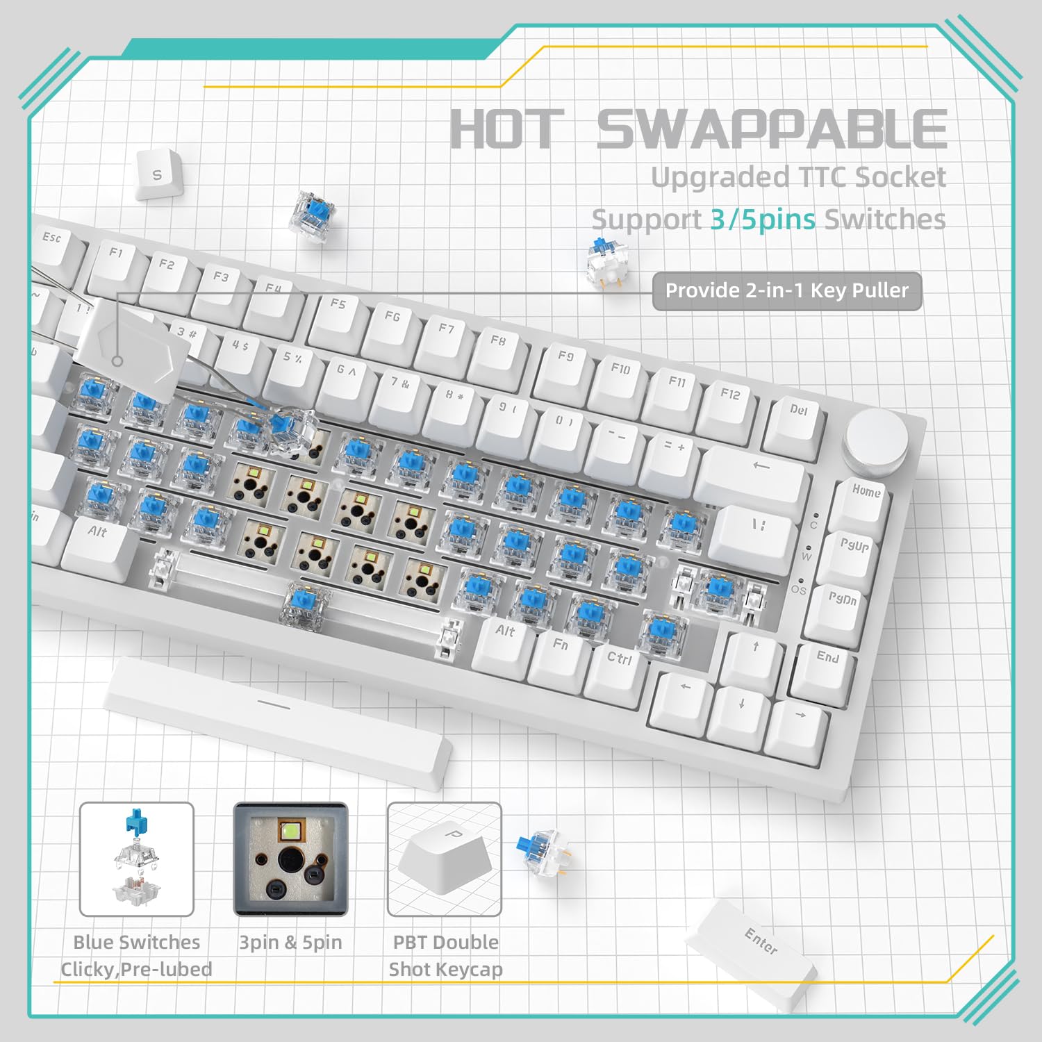 YINDIAO Ajazz AK820 Teclado Mecánico con Perilla,Diseño 75% ANSI,82 Teclas,Teclado para Juegos con Cable,5 Espumas Absorbentes de Sonido,Hot-Swap,Interruptor Azul,Luz Azul Hielo,para PC,Mac (Blanco) — view 4