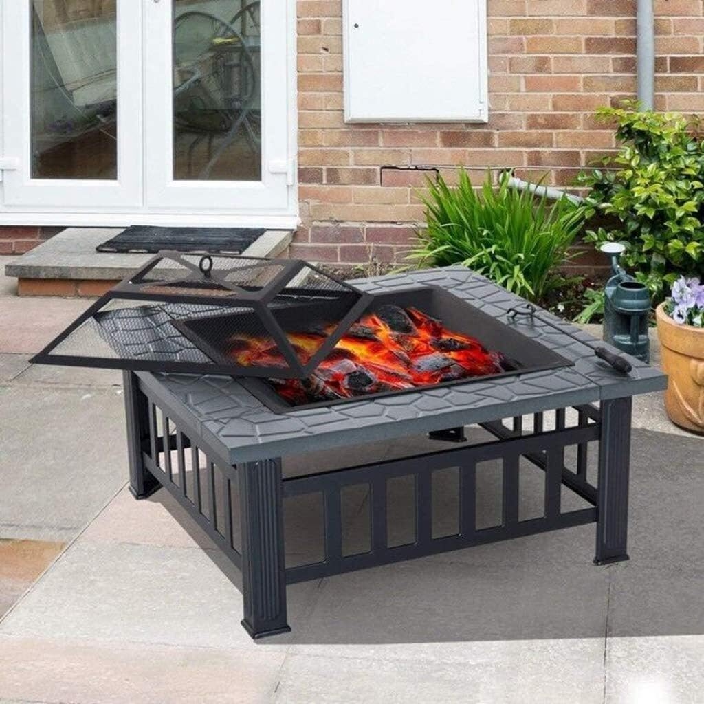 Garden Fire Pit Portable Grill Barbecue Rack Propane Fire Pit, Outdoor Metal Brazier Square Table Multi-Purpose Square Fireplace Garden Patio Heater for Party for Camping Backyard