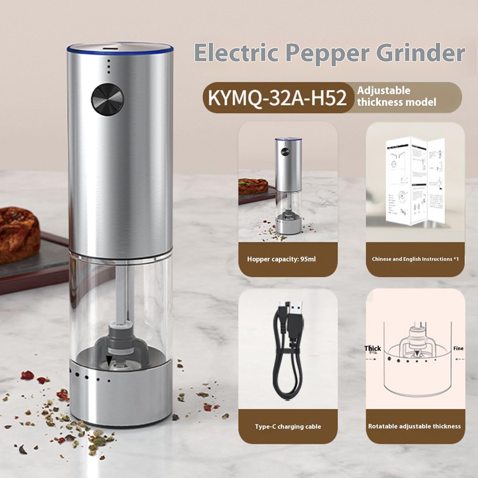 Macinino elettrico automatico per spezie, regolabile con impostazioni grossolane/fini, batteria ricaricabile e gadget da cucina in ABS, camera trasparente