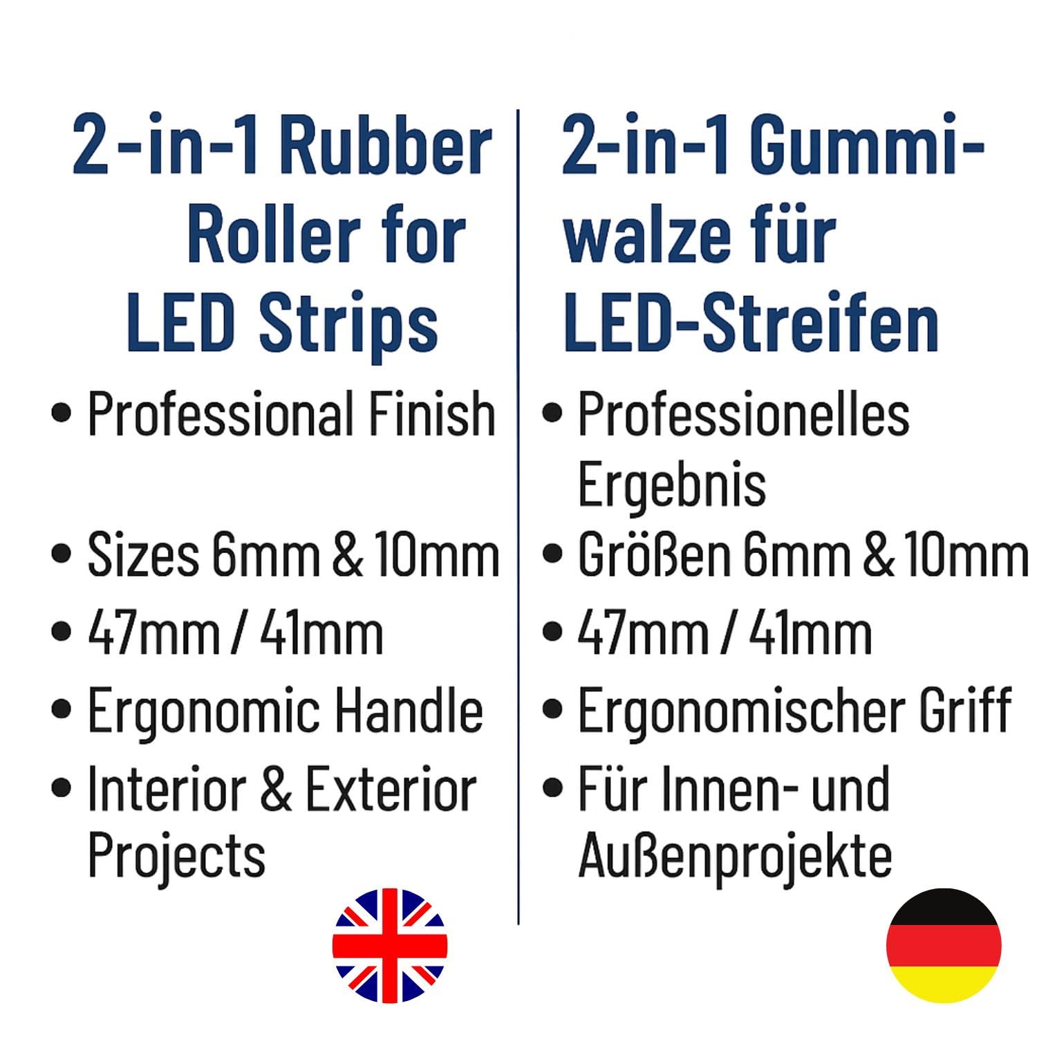 RASMACOR Rullo in gomma 2-in-1 per strisce LED | Strumento di installazione con impugnatura ergonomica | Compatibile con strisce da 6 mm e 10 mm | Teste da 47 mm e 41 mm