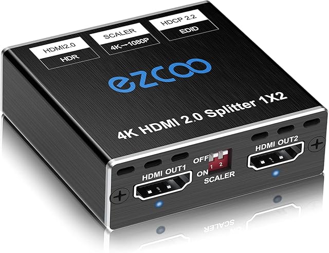 HDMI Splitter 4K 60Hz 1x2 1080P 120Hz HDCP HDR 18Gbps UHD D-olby Vision Atmos Scaler 4K EDID 1080P Dual Monitors HDMI 2.0 Splitter 1 in2 out for PS5,SkyQ,Xbox, Fire Stick BluRay Apple TV Projector