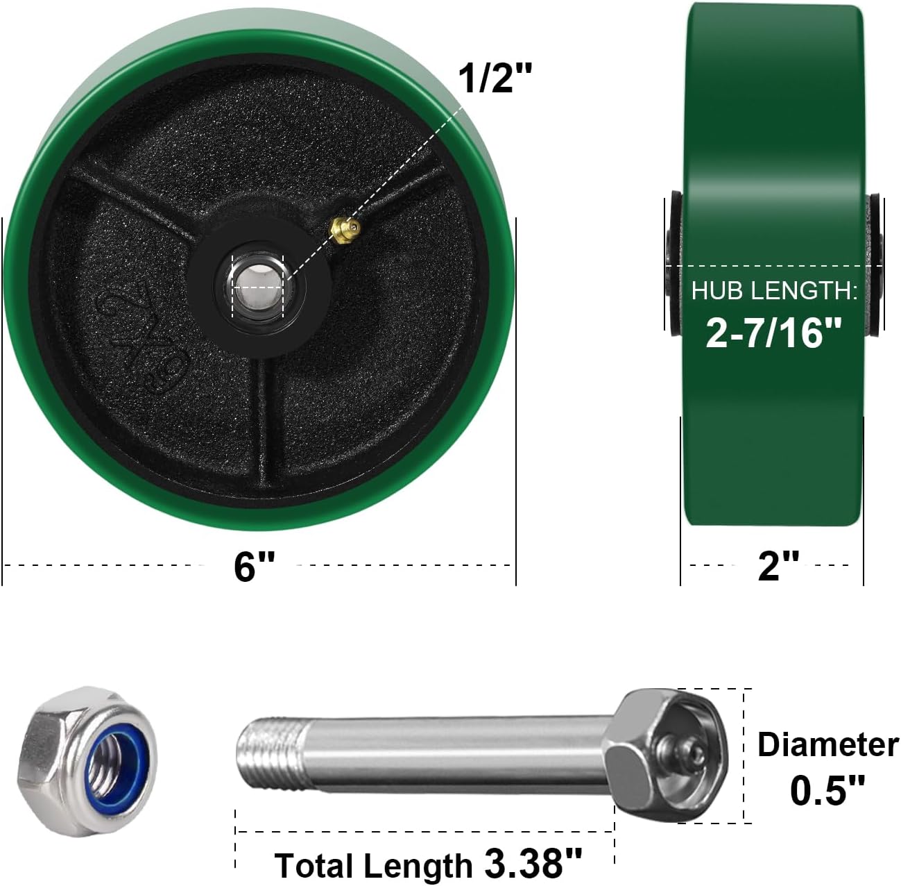6" x 2" Heavy Duty Caster Wheels, Polyurethane on Cast Iron Wheel, Set of 2 Replacement Industrial Caster Wheels for Cart Toolbox (2 Wheel, Green)