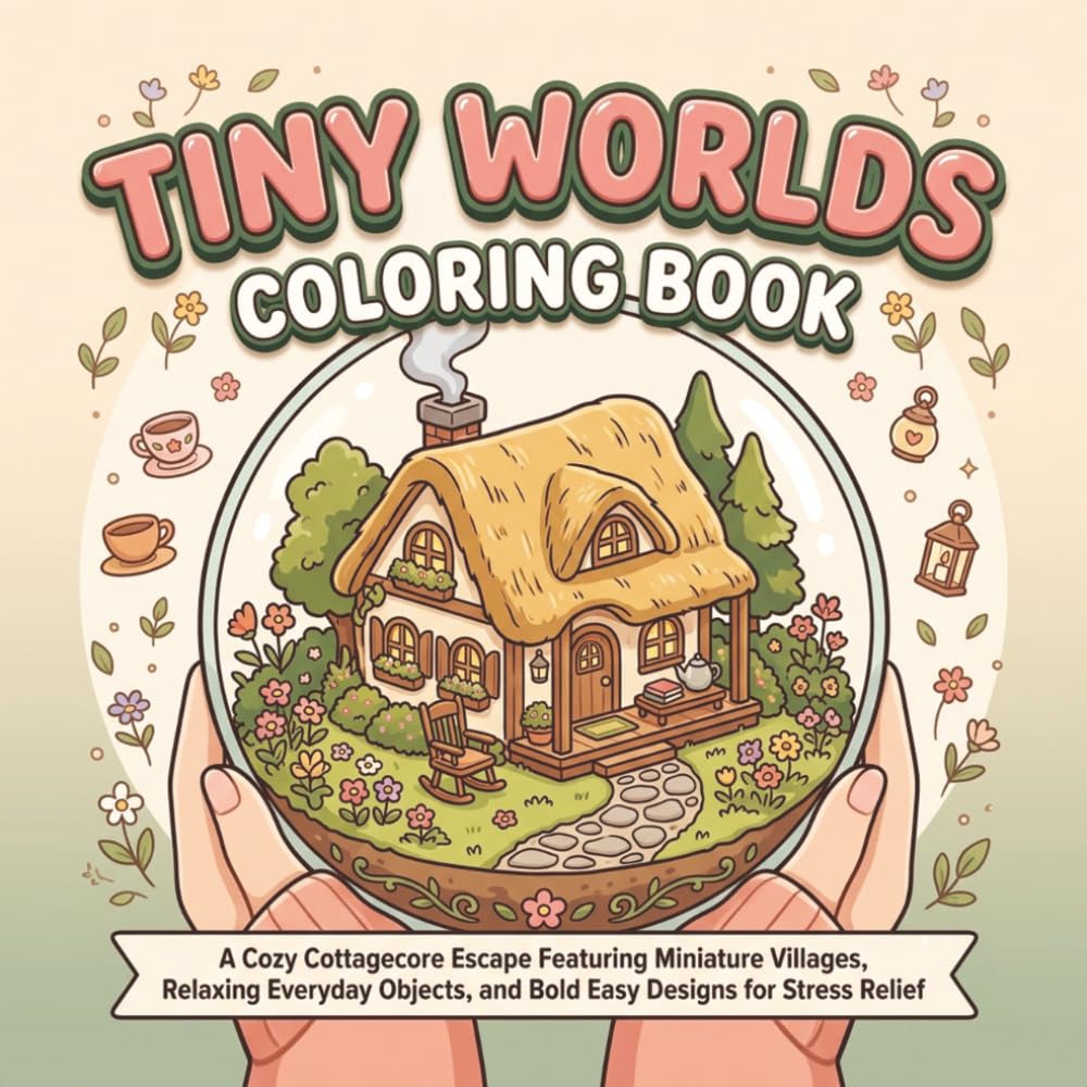 Tiny Worlds Coloring Book: A Cozy Cottagecore Escape Featuring Miniature Villages, Relaxing Everyday Objects, and Bold Easy Designs for Stress Relief