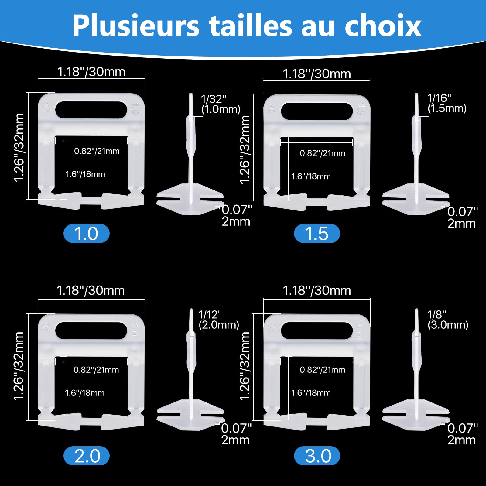 Clips de nivellement carrelage 1 mm (1/32") – Entretoises anti-défaut, contrôle précis des joints, 1100 pièces