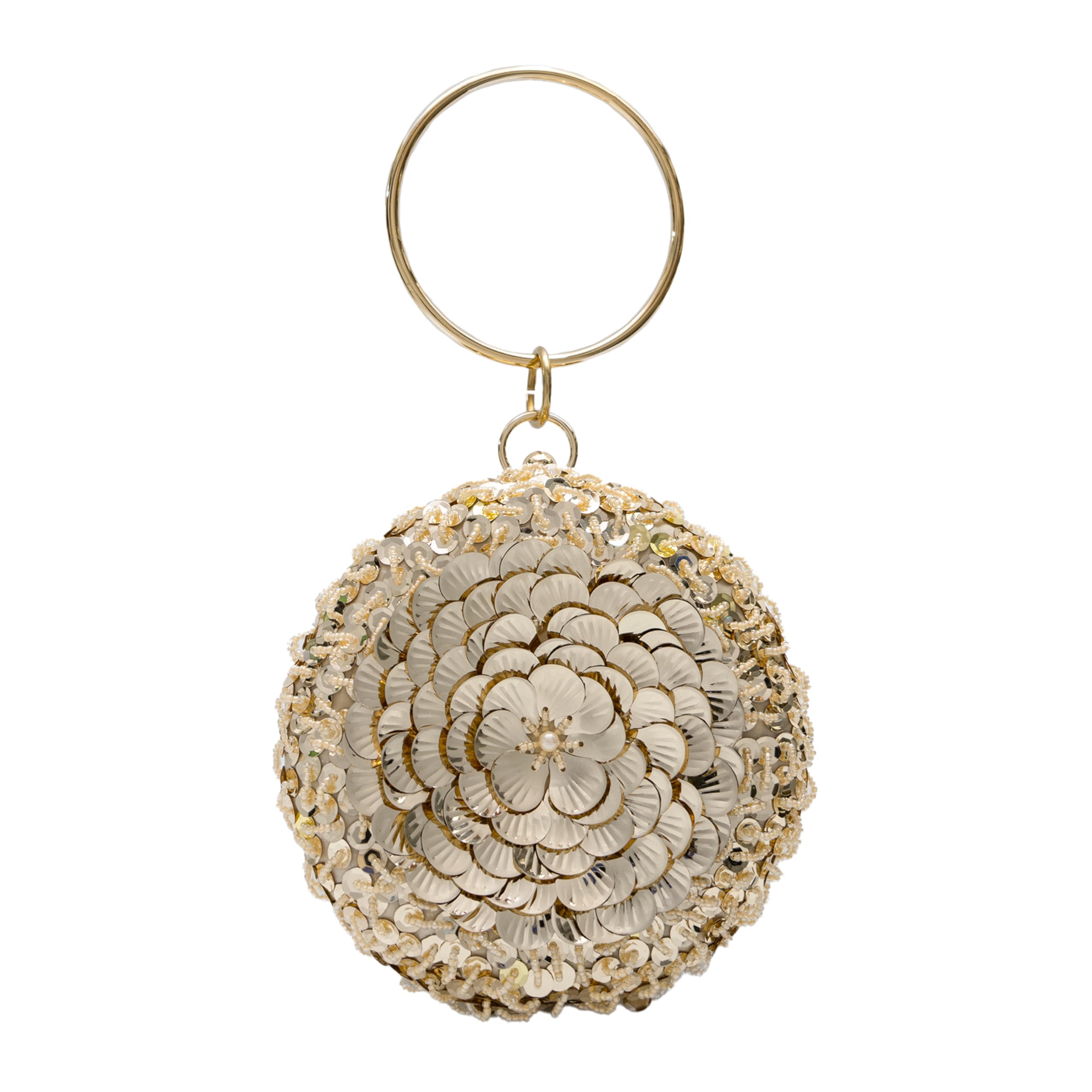 lapulio Women's Elegant Round Beaded Floral Sequin Evening Bag for Weddings, Parties, Formal Events and Outings(Champagne)