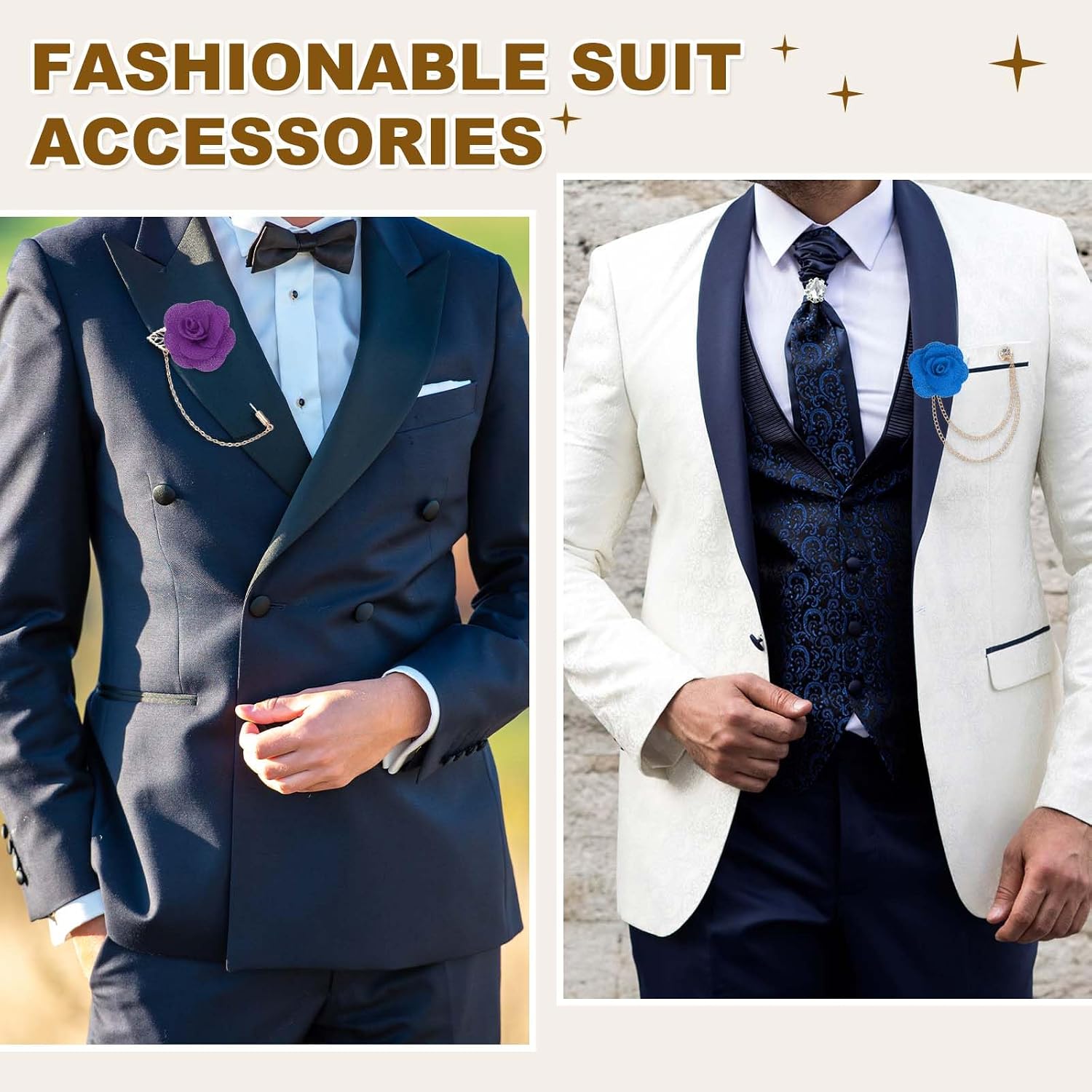 PATIKIL Rose Flower Lapel Pin for Men, 2 Style Cloth Camellia Brooch Kit Boutonnieres Stick Brooch Tassel Chain Satin for Suit