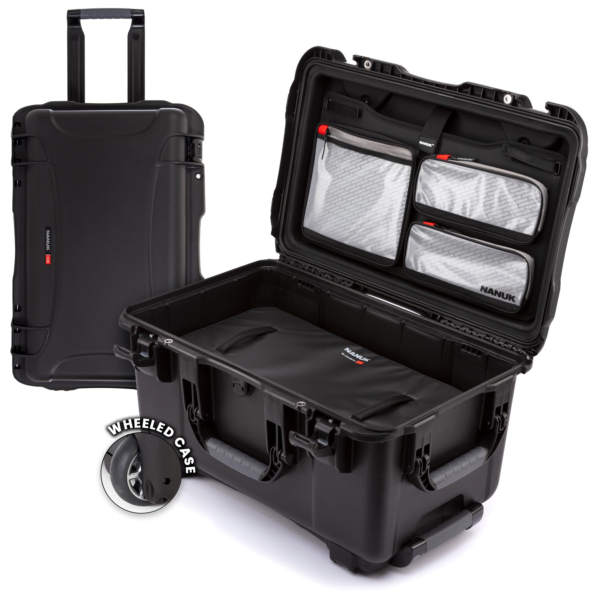 NANUK 938 Pro Photo with N-Cubik - Custodia rigida impermeabile da viaggio con inserto N-Cubik da 17L e ruote, 60,5 x 39,4 x 33,5 cm, antipolvere e resistente agli urti, ideale per carichi pesanti