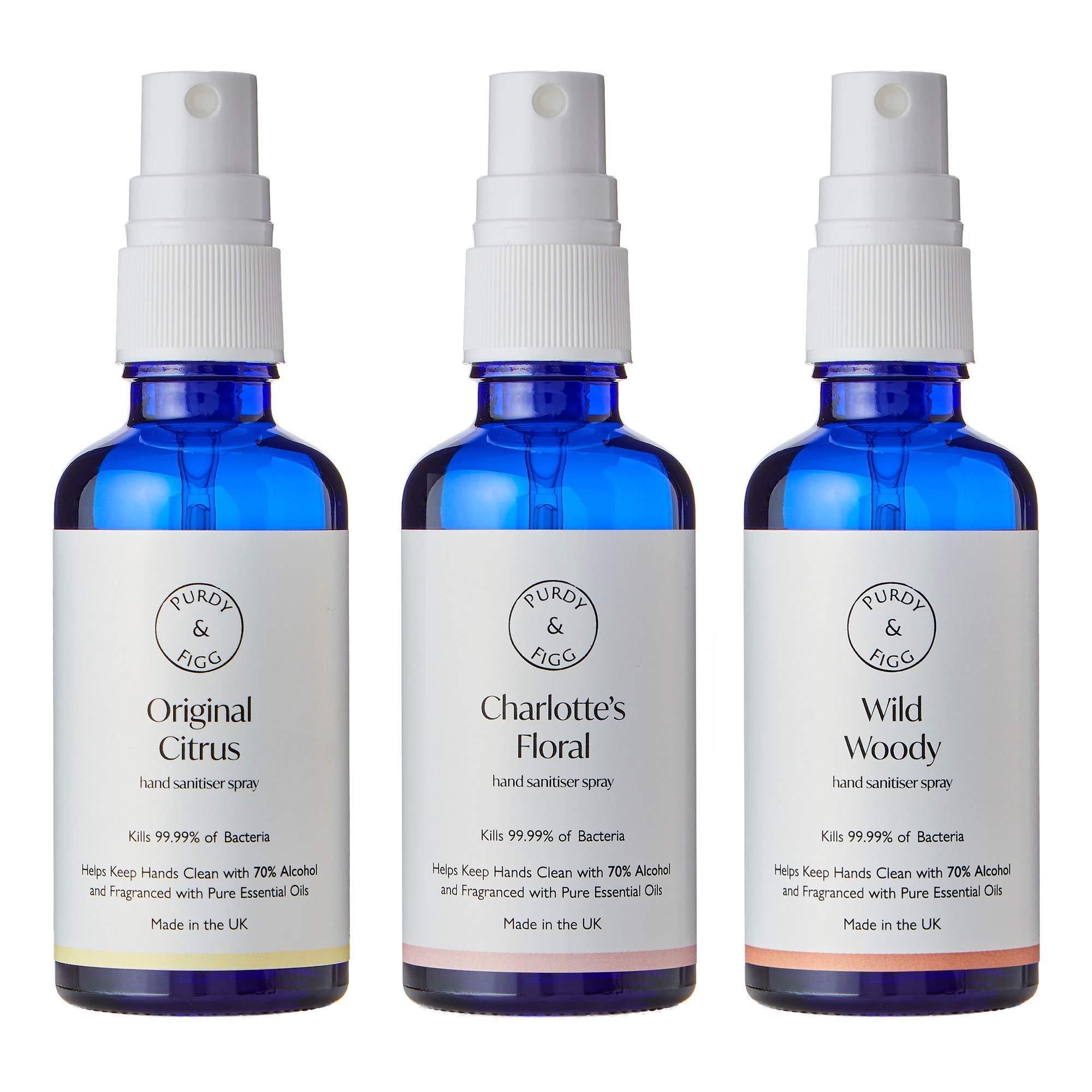 Purdy & Figg Hand Sanitiser Spray | Antibacterial Sprays in Travel Size Bottles | Kills 99.9% of Bacteria | Contains 70% Alcohol w/Fragrance & Moisturising Pure Essential Oils | 50ml, Scented,3 Pack