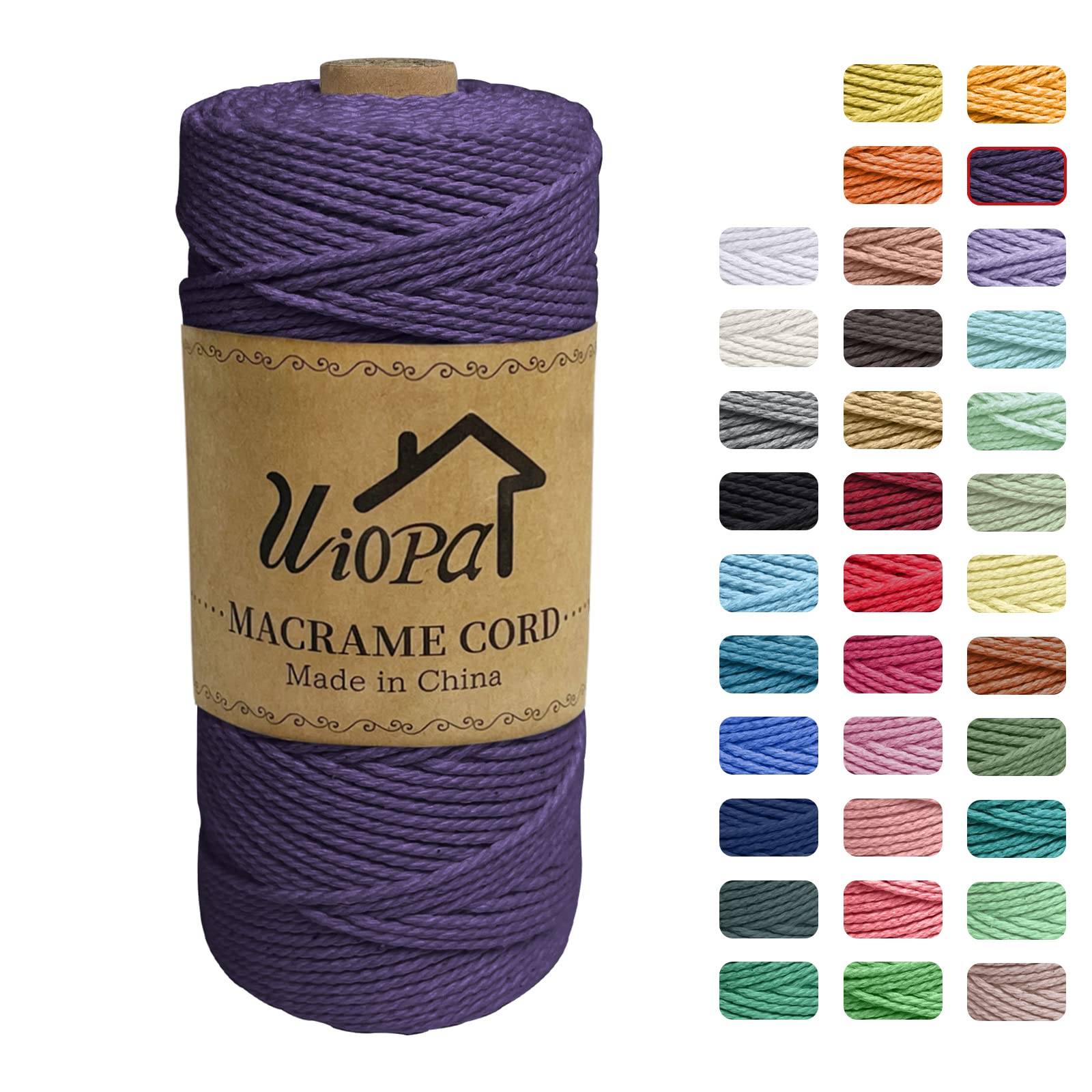 Uiopa Macrame Cord 2mm x 200m, 3-Strand Twisted Natural Cotton String, Macrame Cotton Rope Coloured String for Wall Hanging Plant Hanger Boho Home Decor Craft Projects