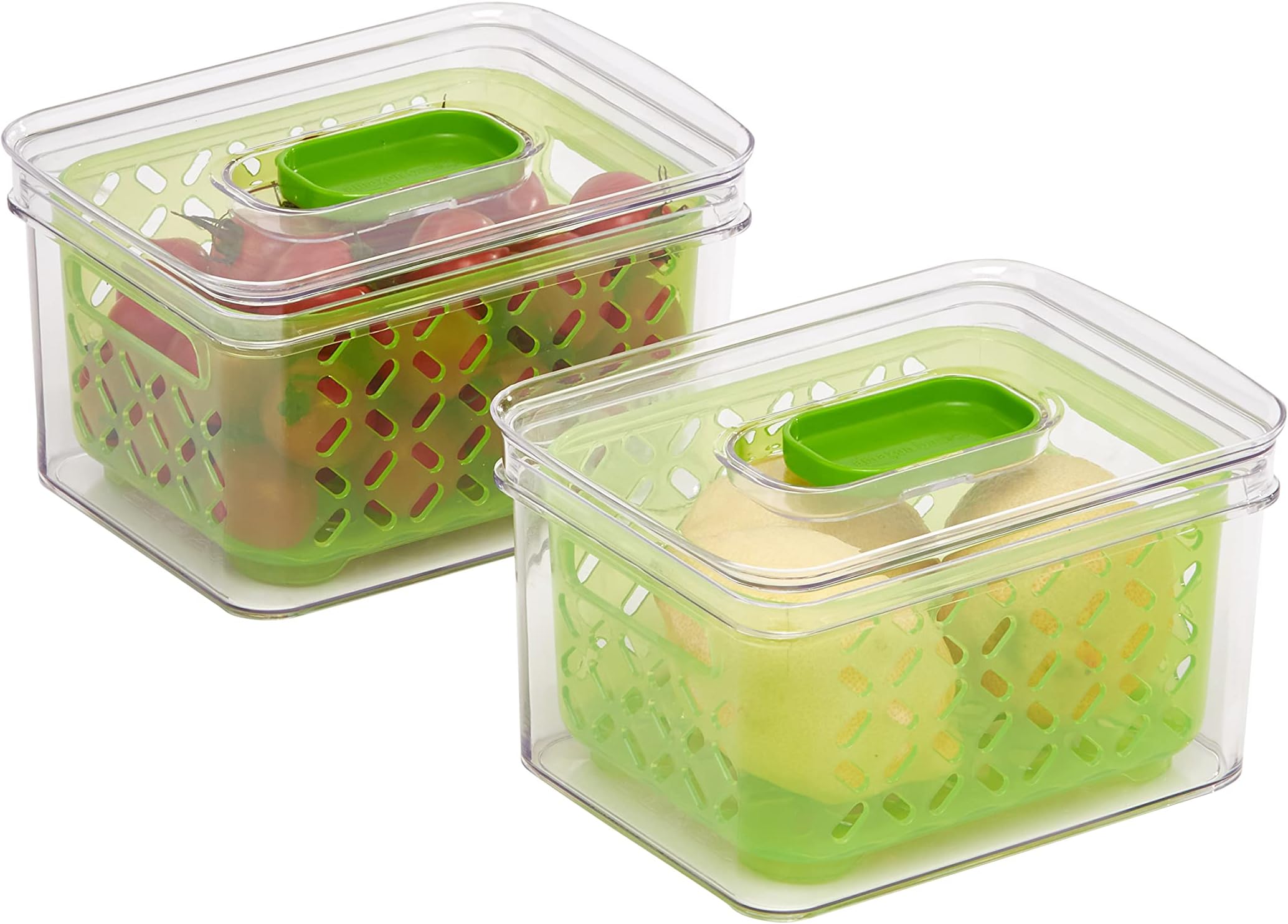 Amazon Basics Set of 2 Produce Food Saving Containers with Vented Lids, BPA Free Plastic - 2 Medium (1.9 Qt), Clear/Green